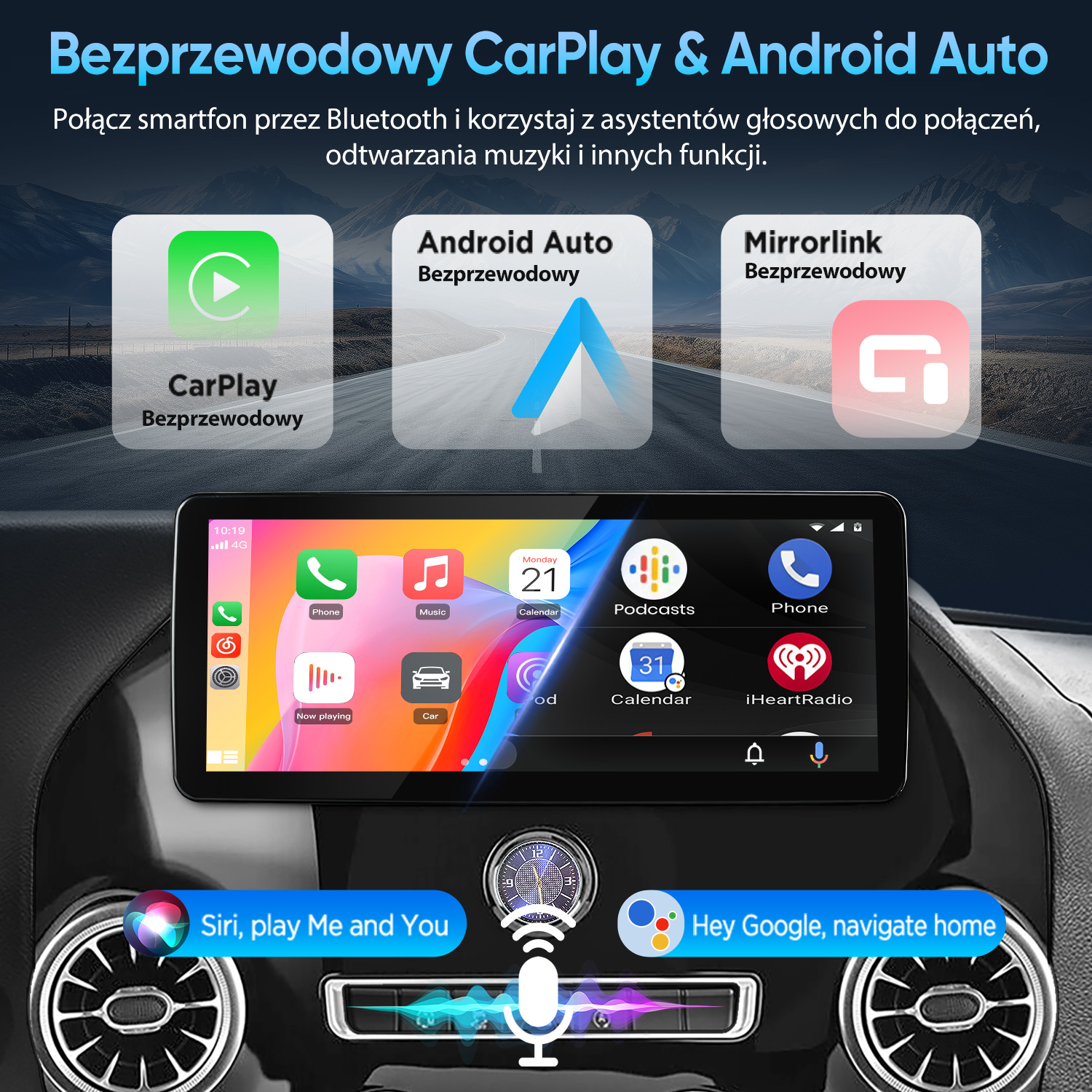 Deska rozdzielcza auta z wyświetlaczem bezprzewodowego CarPlay, Android Auto i asystentem głosowym.