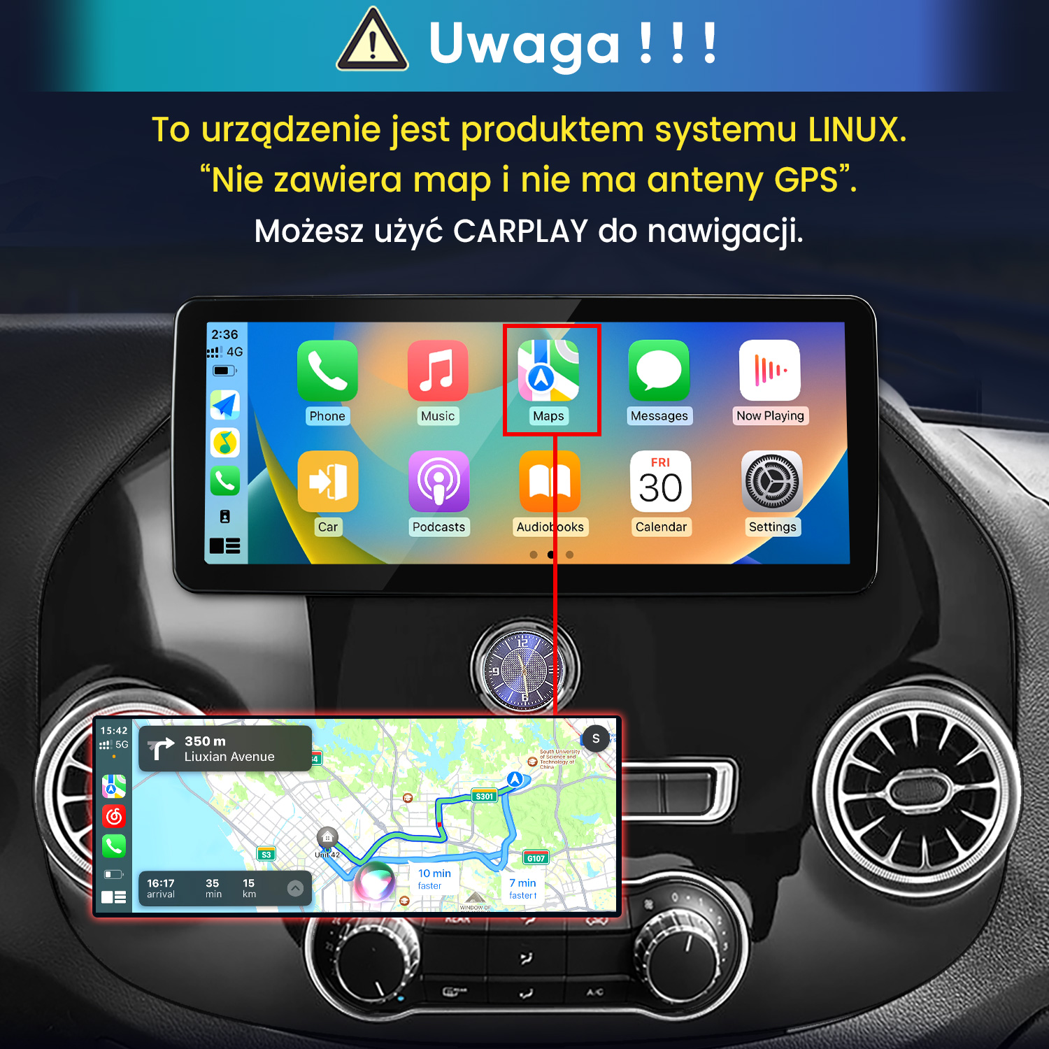 Radio samochodowe z systemem Linux, ikonami aplikacji i nawigacją CarPlay.