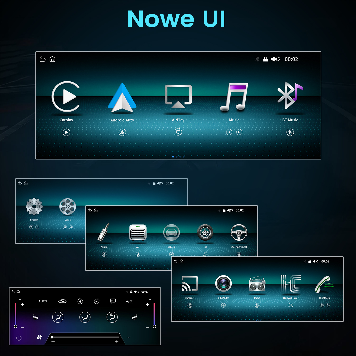 Ciemnoniebieski interfejs multimedialny samochodu z różnymi ikonami aplikacji dla CarPlay, muzyki, ustawień i klimatyzacji.