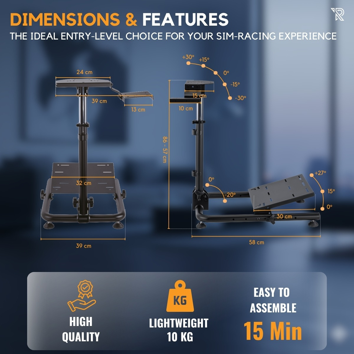 Diagrama que muestra las dimensiones y características de un soporte para sim-racing.