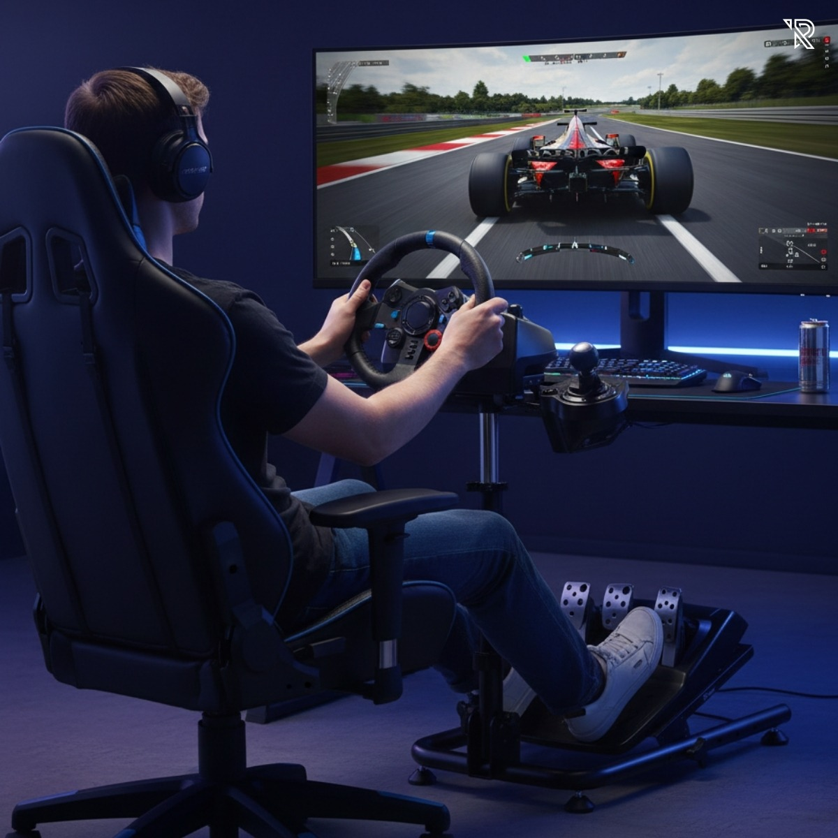 Un jugador se sienta en una silla con un volante, pedales y un monitor grande que muestra un juego de carreras.