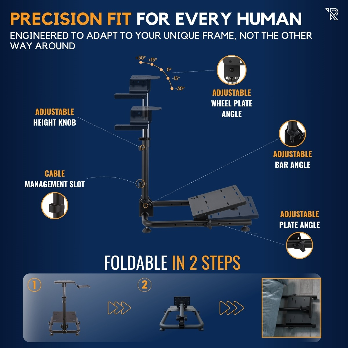 El diagrama muestra soporte de simulador de carreras ajustable con altura, placa de volante y cables.