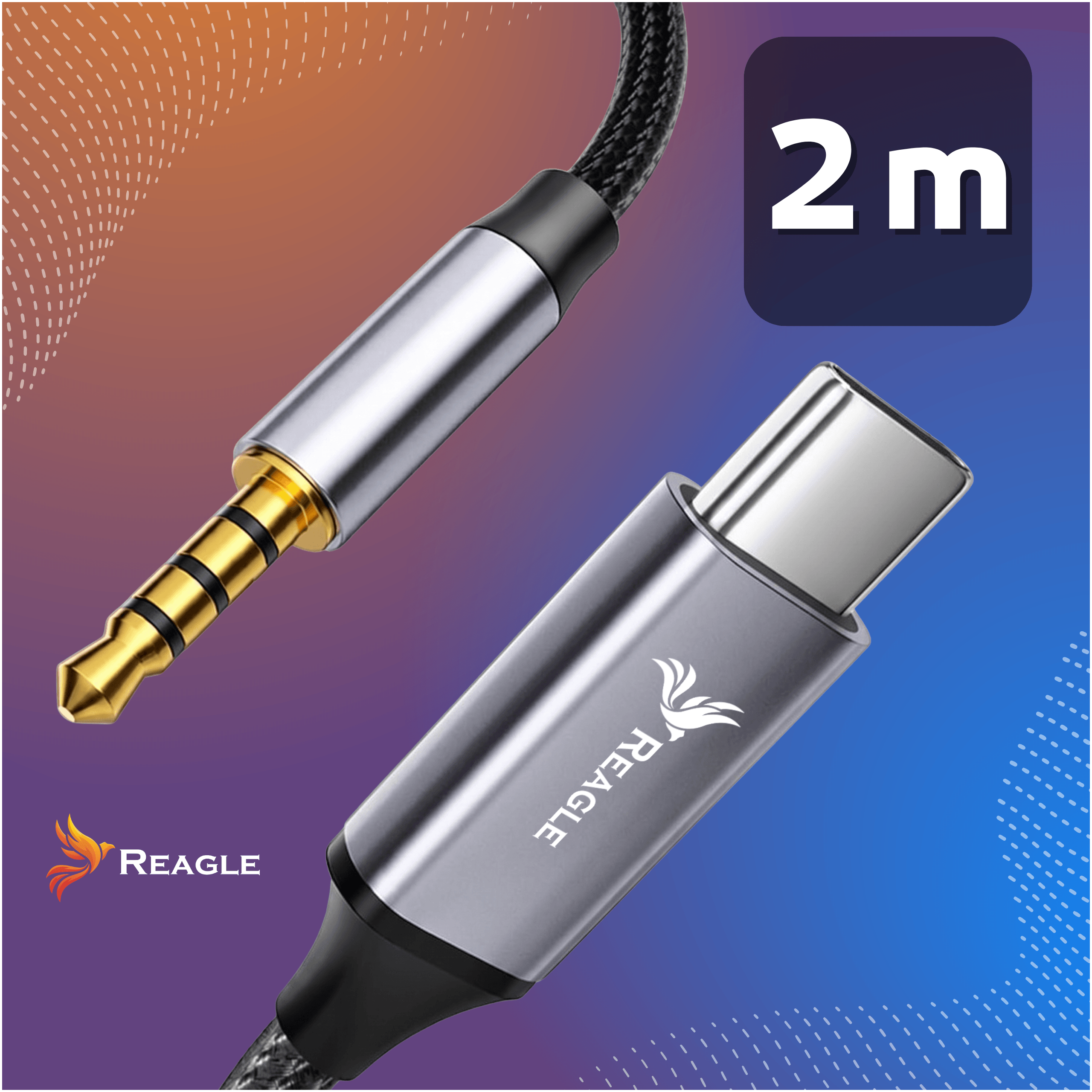 Wtyk audio 3.5 mm i złącze USB-C na niebiesko-pomarańczowym tle z oznaczeniem 2m.