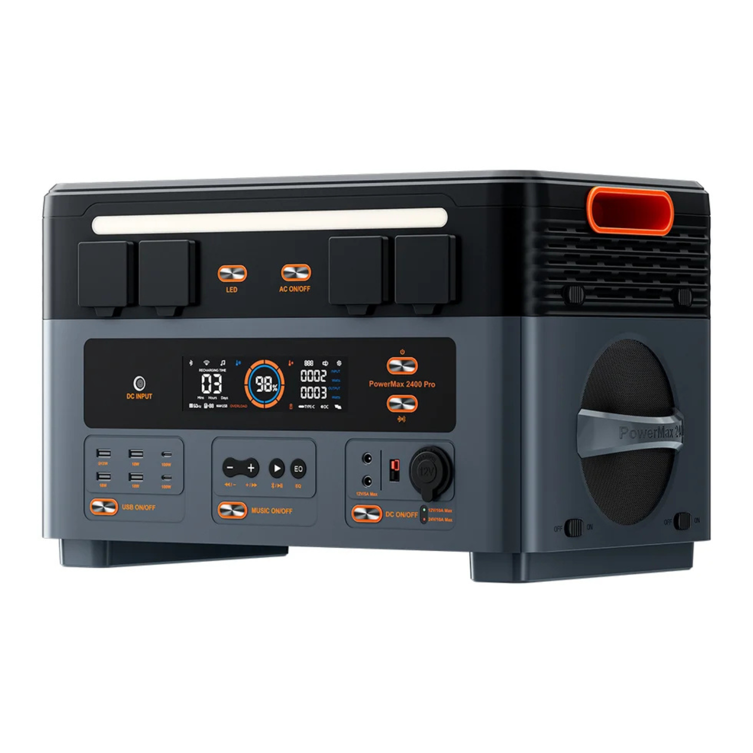 Szaro-czarna przenośna stacja zasilania z oświetleniem LED, ekranem LCD oraz portami USB, AC i DC.