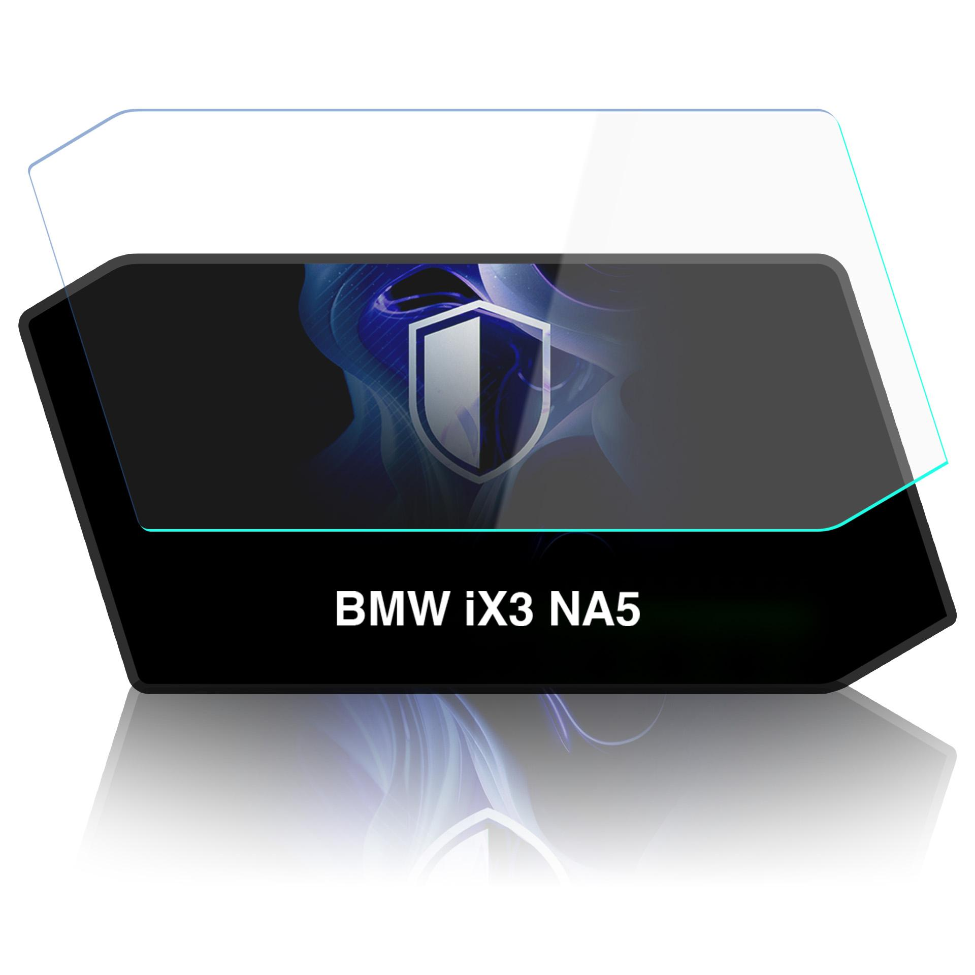 Szklana folia ochronna z napisem BMW iX3 NA5 i logo tarczy na czarnym tle.