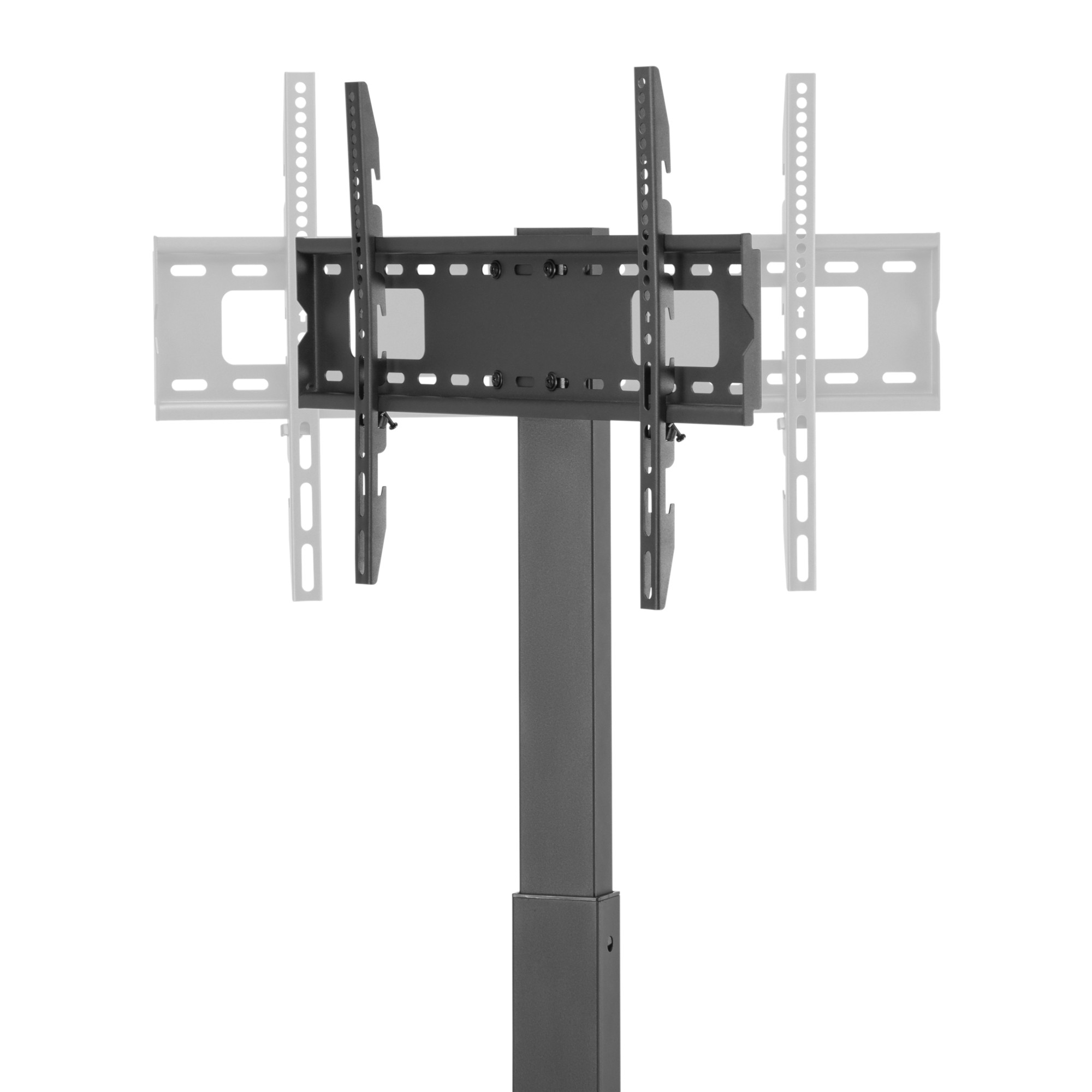 Verstellbare schwarze TV-Halterung auf einem Metallstandfuß vor weißem Hintergrund.