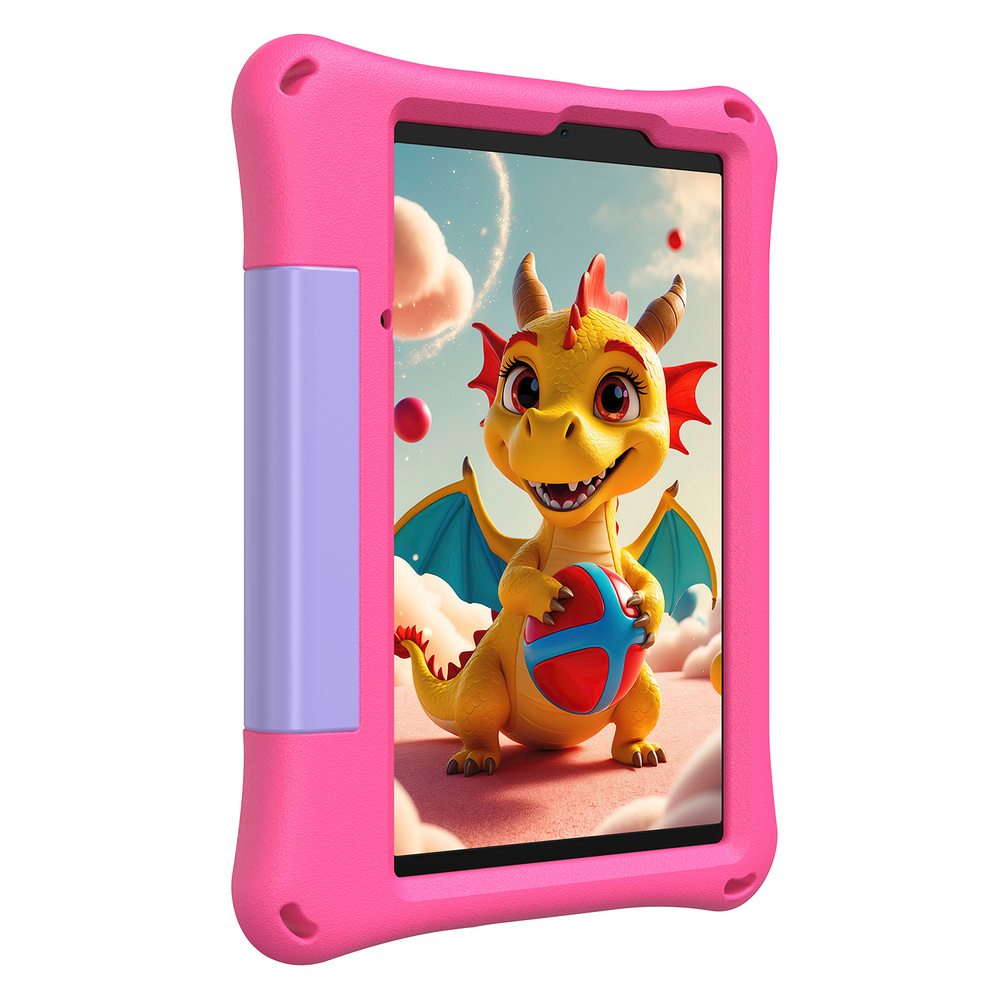 Różowy tablet dla dzieci w etui przedstawia uroczego żółtego smoka z kreskówki trzymającego piłkę.