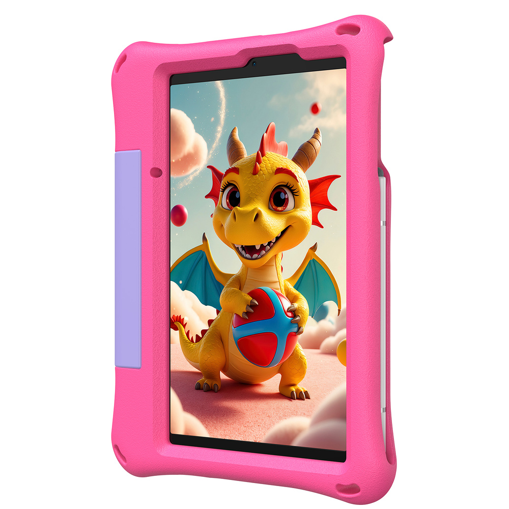 Różowy tablet w etui ochronnym przedstawia uroczego żółtego smoka trzymającego piłkę.