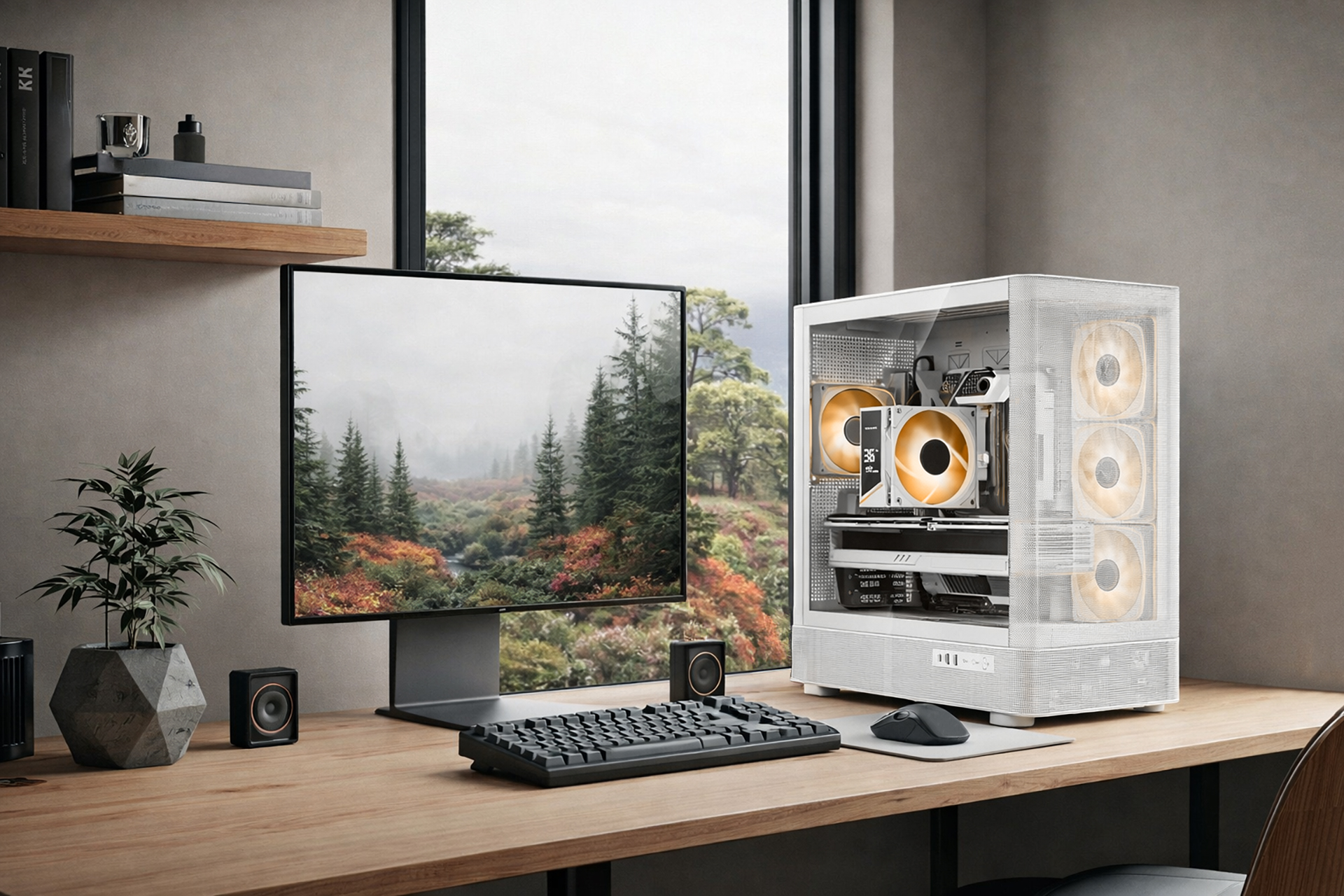 Nowoczesne biurko z białym PC, monitorem z lasem, klawiaturą, myszką i rośliną.