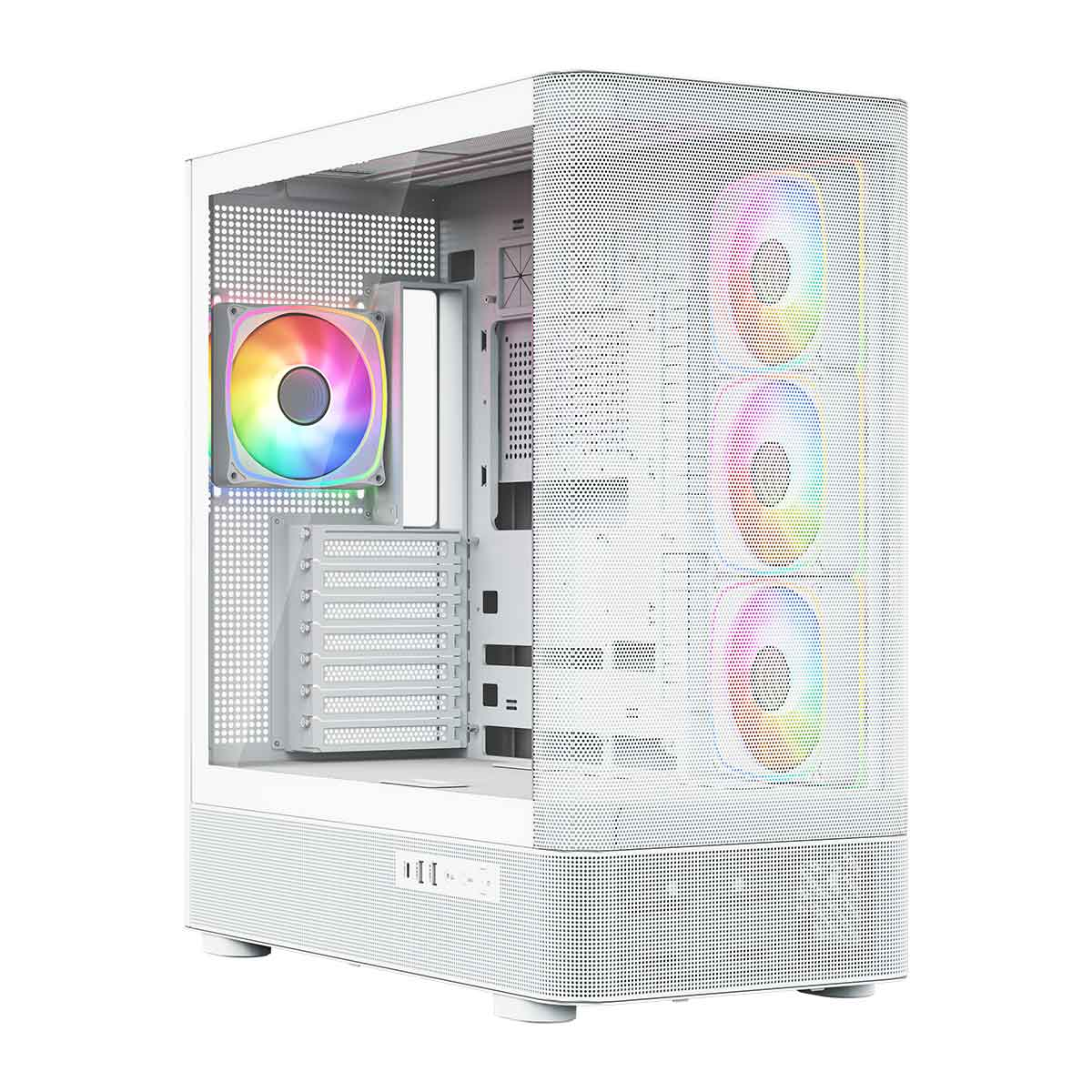Biala obudowa komputera z siatkowym panelem przednim i swiecacymi wentylatorami RGB.