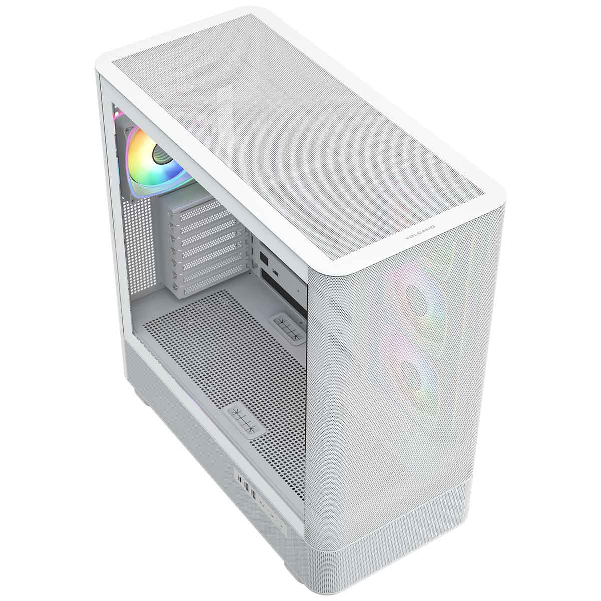 Biala obudowa komputera z siatkowym przodem i wentylatorami RGB na bialym tle.