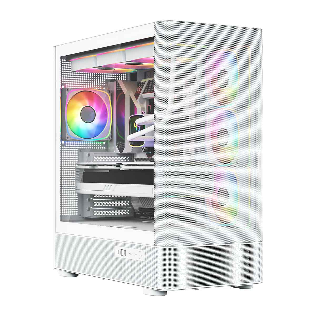 Biała obudowa komputera z siatkowym frontem, szklanym bokiem i wentylatorami RGB.