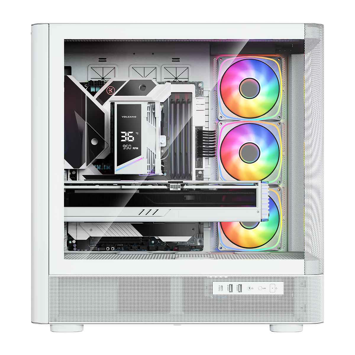 Biały komputer stacjonarny z wentylatorami RGB i szklanym panelem.