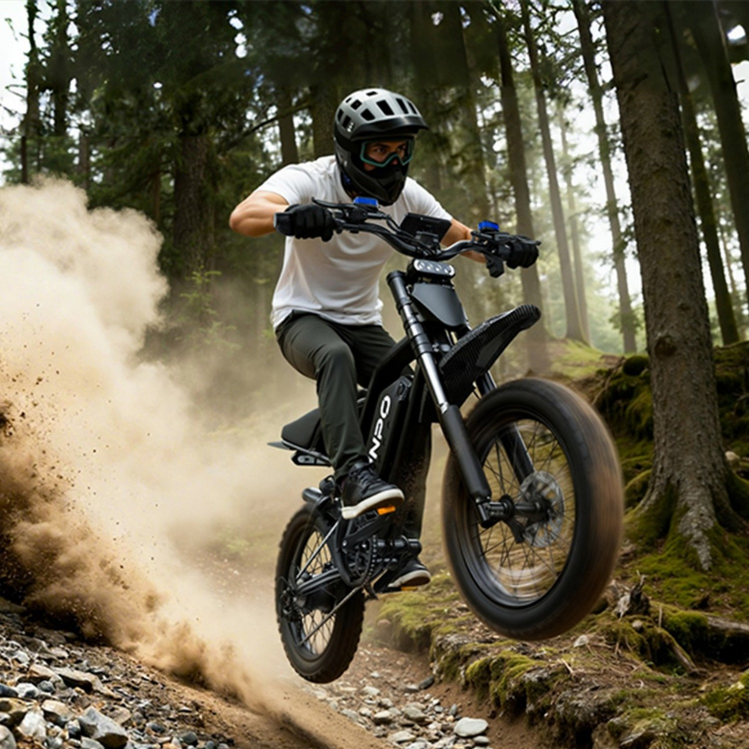 Motocrossowiec na czarnym rowerze elektrycznym skacze przez zakurzony las.