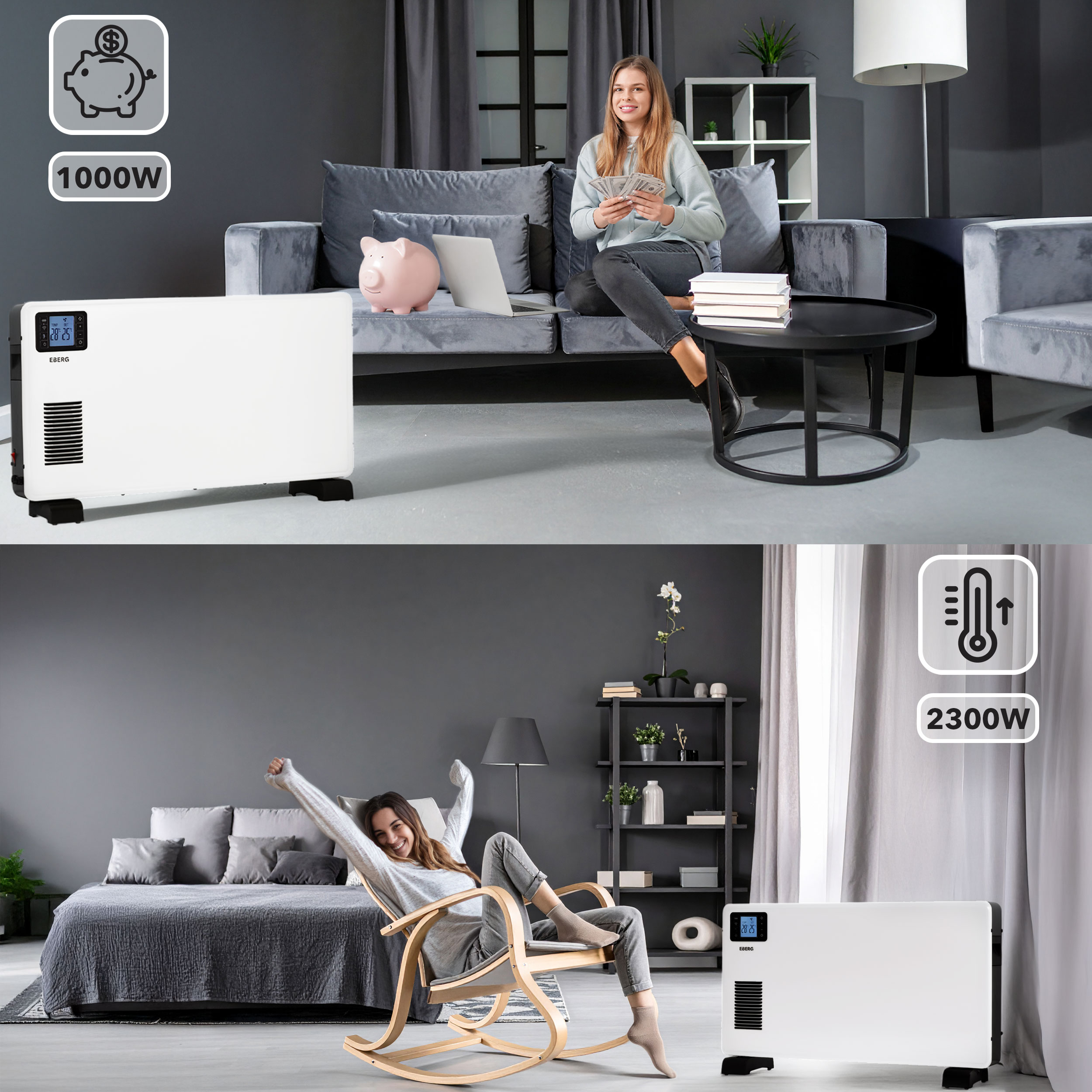 Podzielony widok z białymi grzejnikami, ikoną oszczędności 1000W u góry i ikoną termometru 2300W na dole w pokojach.