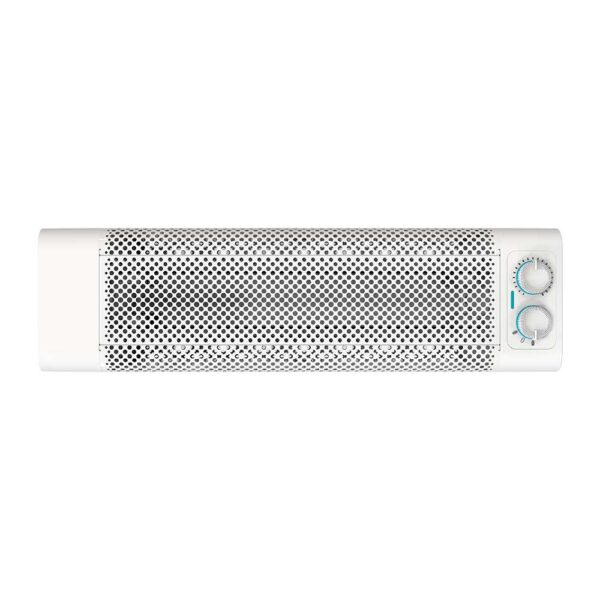 Un termosifone elettrico rettangolare bianco con griglia metallica perforata e due manopole a destra.