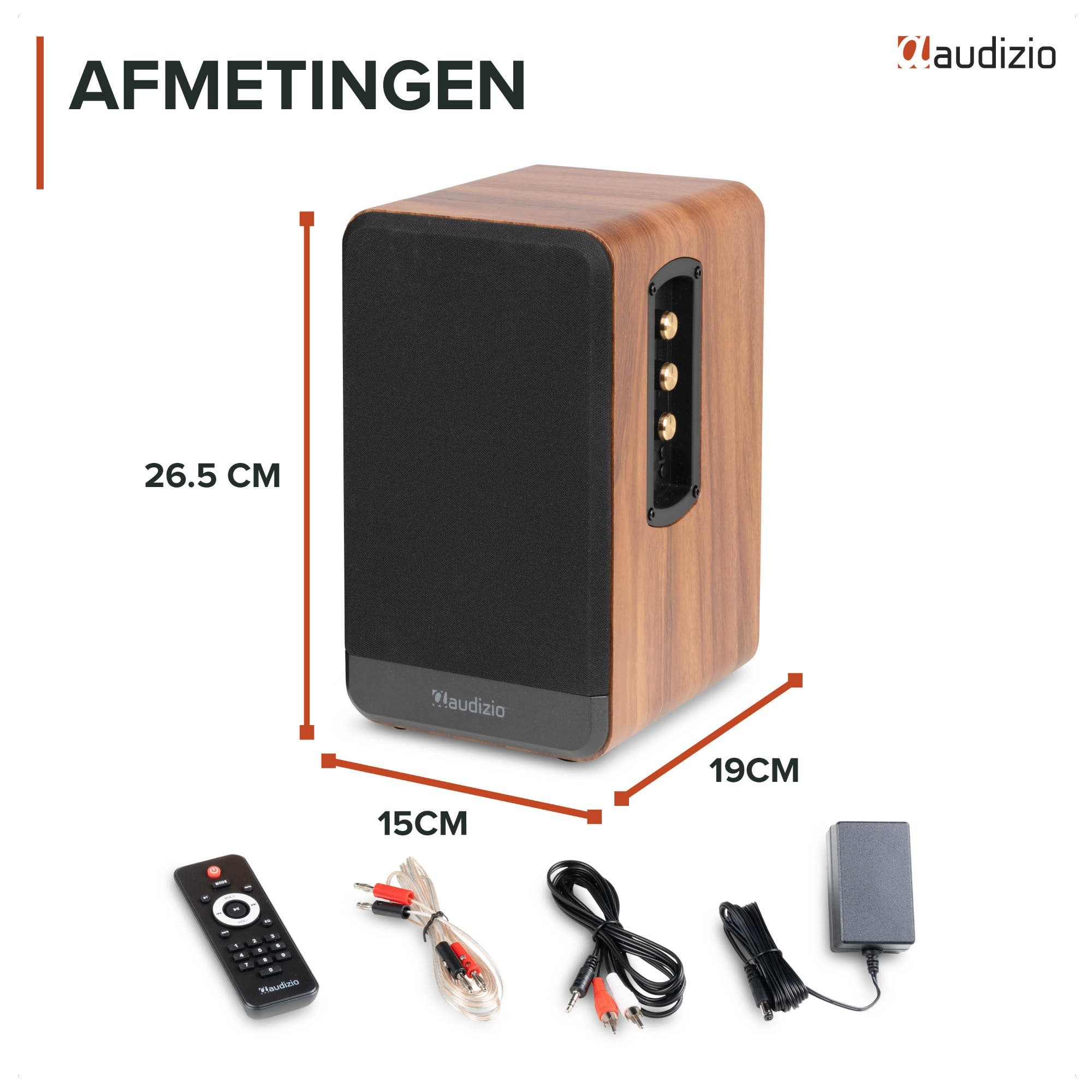 Altavoz Audizio de madera con etiquetas de dimensiones y accesorios como control remoto y cables.
