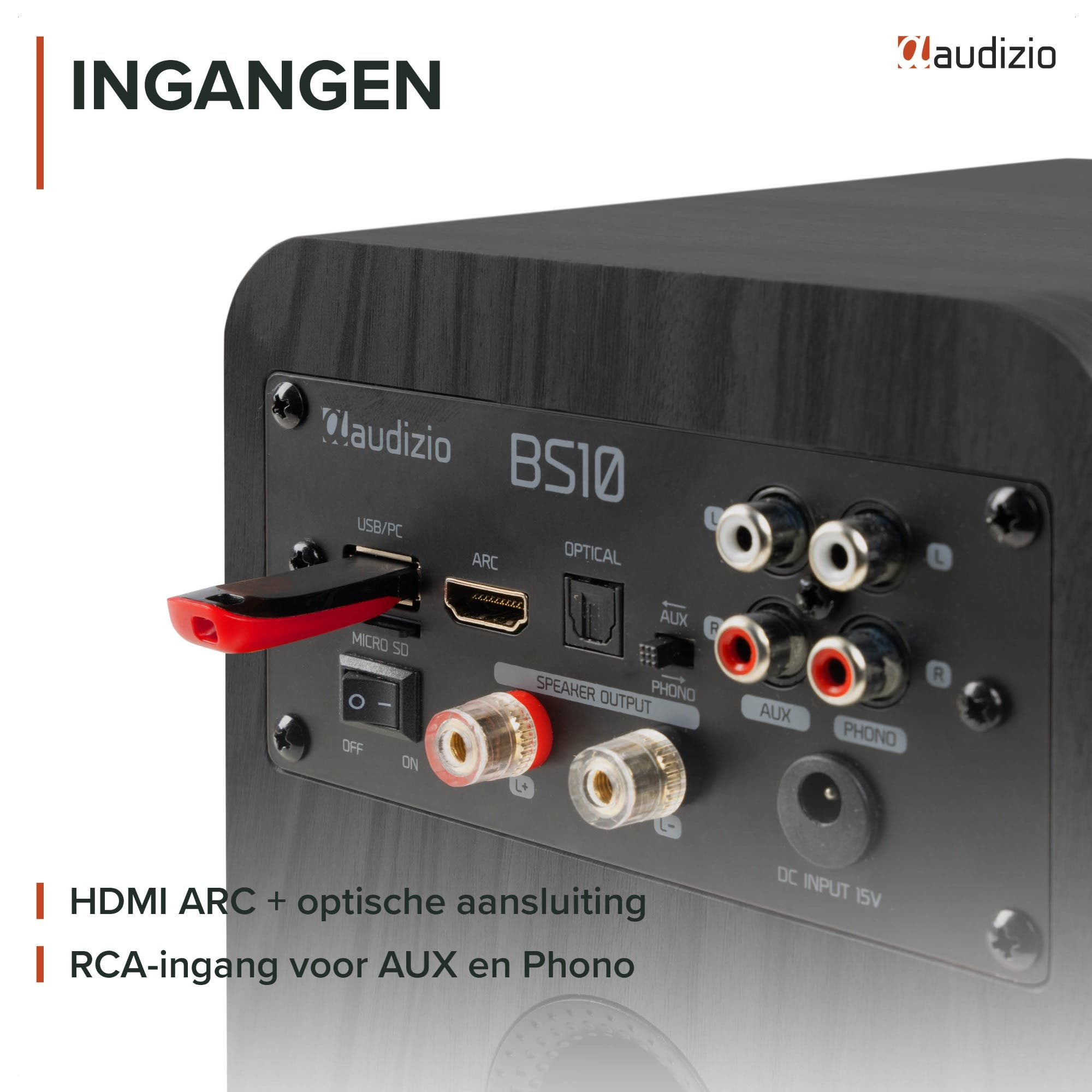 Panel trasero del altavoz Audizio BS10 con puertos USB, HDMI ARC, óptico, AUX, Phono e interruptor.