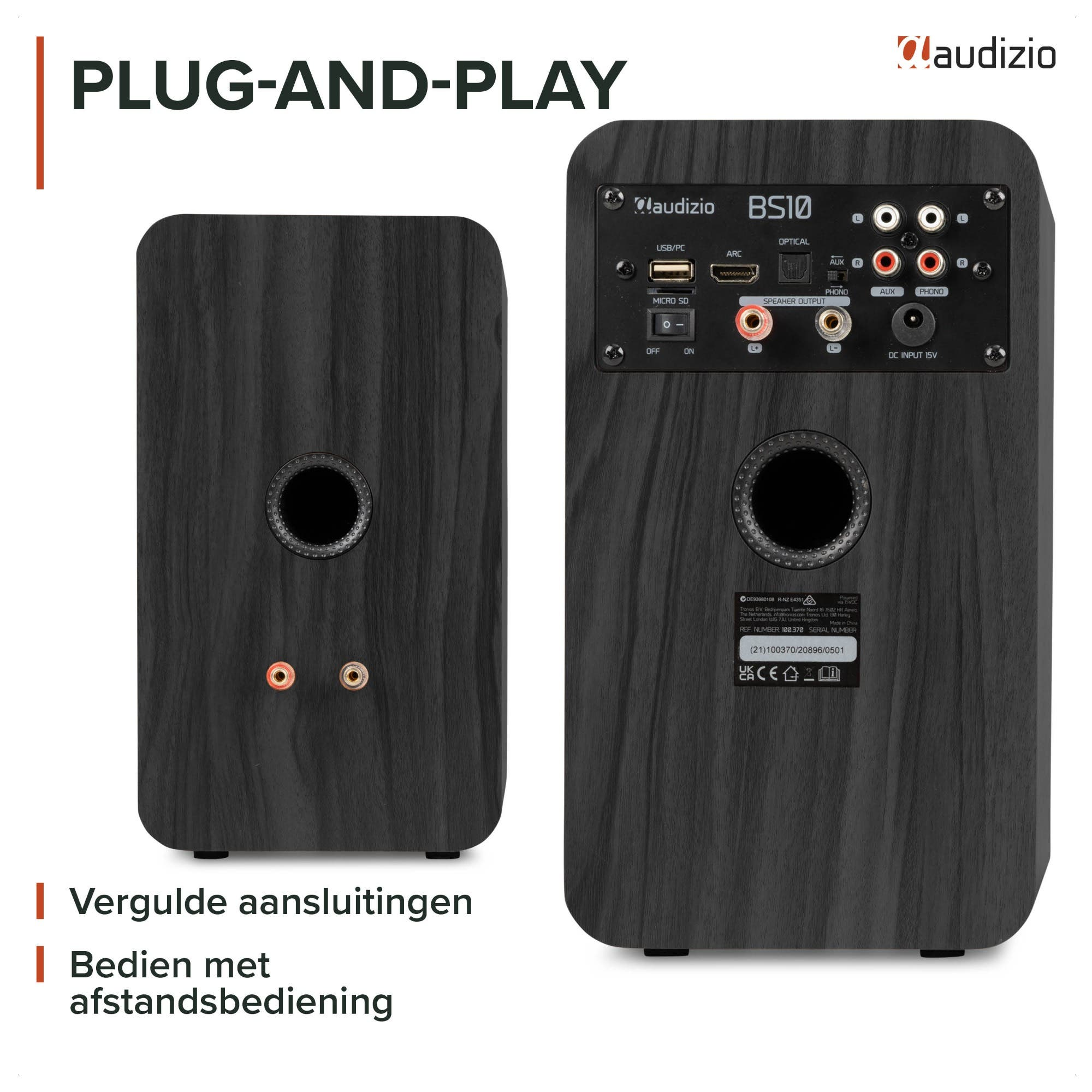 Vista frontal y trasera de los altavoces de madera oscura Audizio BS10 con puertos.