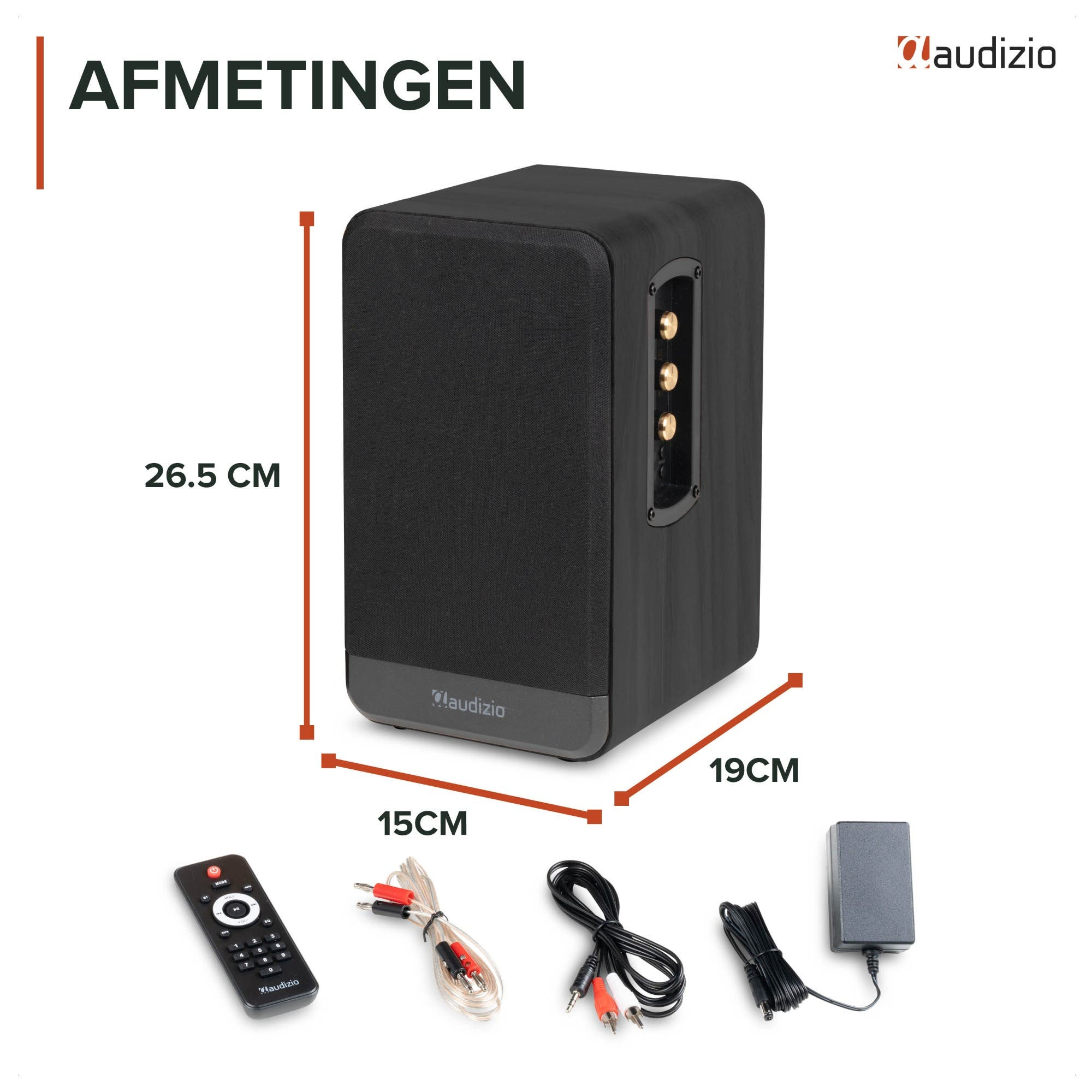 Altavoz Audizio con dimensiones, control remoto, cables y adaptador de corriente sobre fondo blanco.