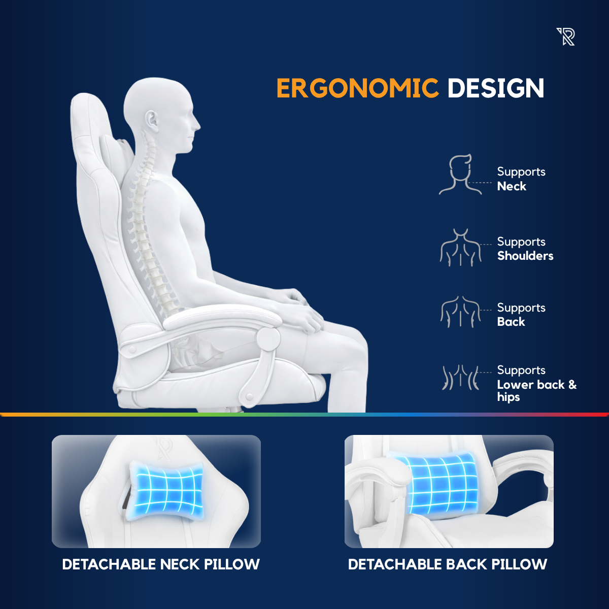 Ergonomisches Design eines Stuhls mit unterstützenden Kissen für Nacken, Rücken und Hüfte.
