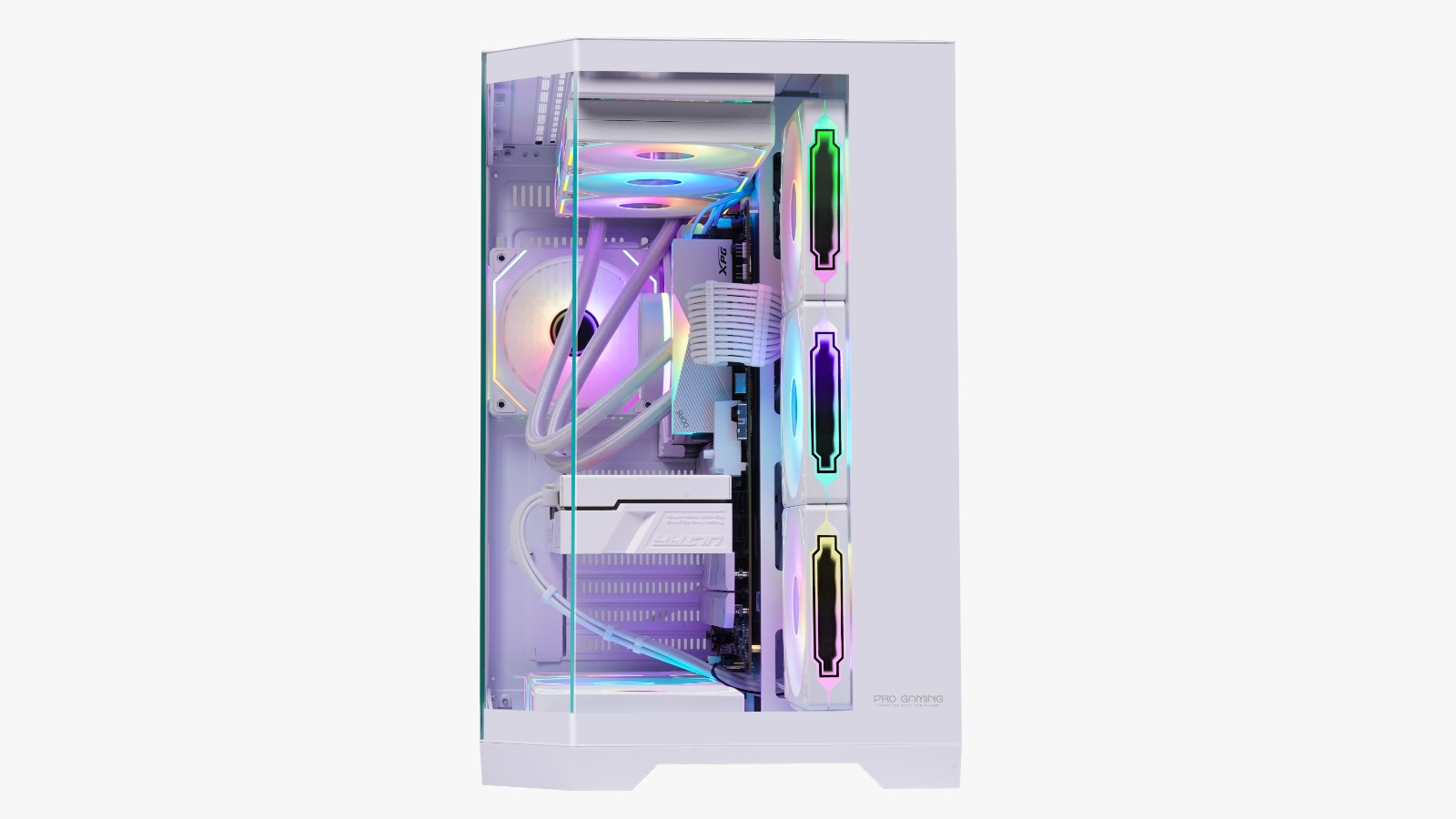 Un case per PC da gioco bianco con ventole RGB luminose e componenti raffreddati a liquido.