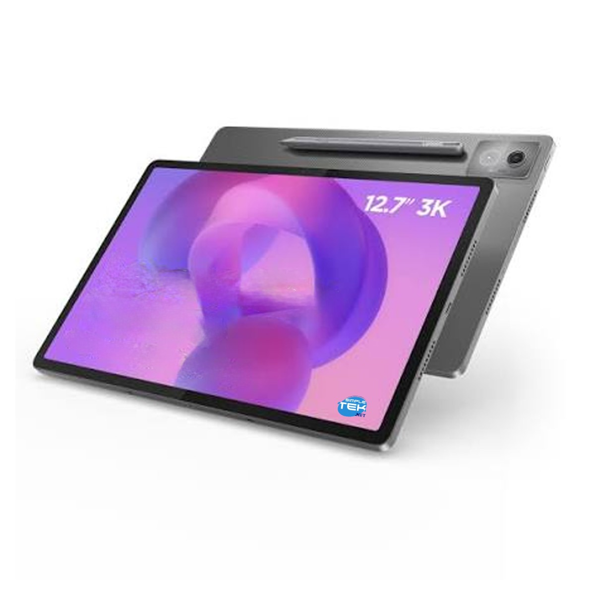 Tablet grigio con stilo su sfondo bianco, display con grafica astratta colorata e testo.