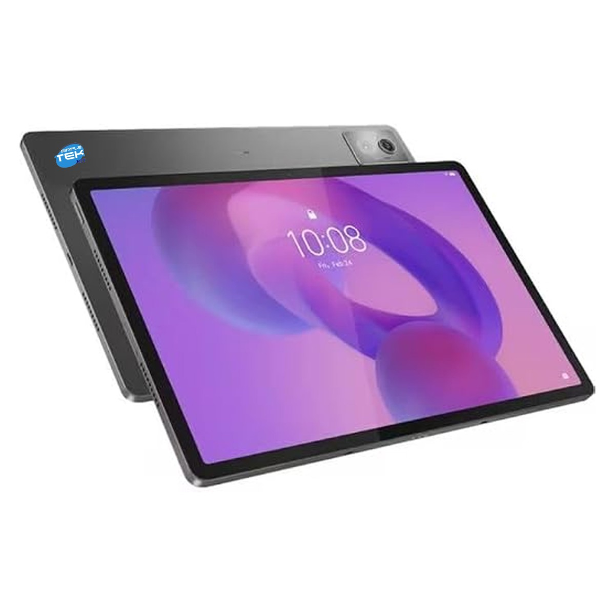 Due tablet grigio scuro inclinati mostrano uno sfondo astratto nei toni vibranti del viola e del rosa.