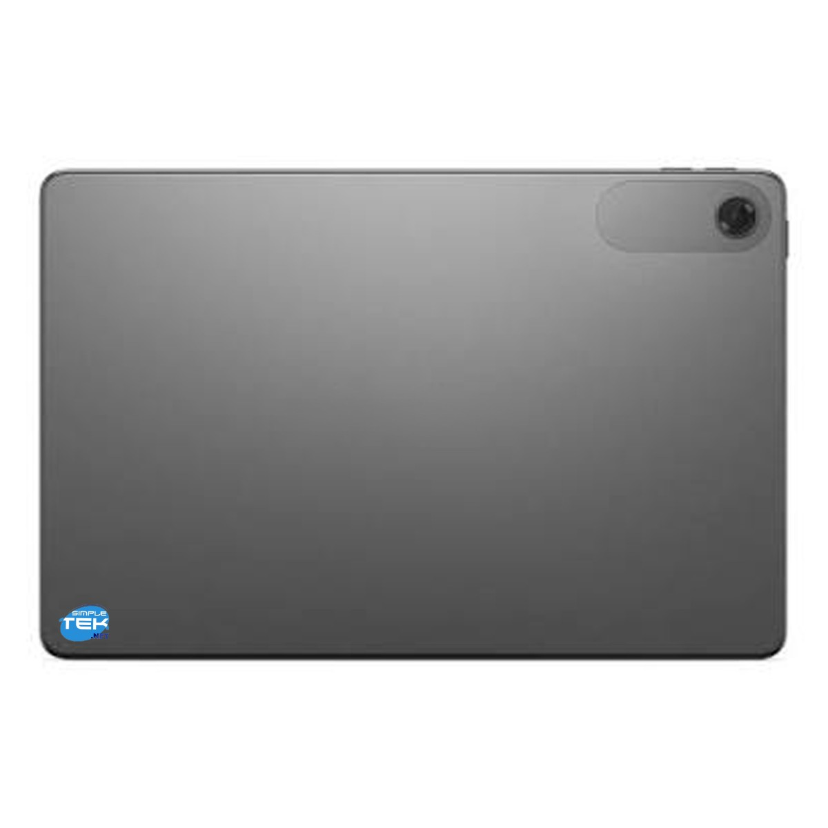 Retro di un tablet grigio con una singola fotocamera nell'angolo in alto a destra.