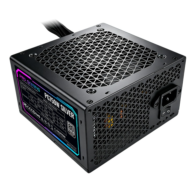 Alimentatore per PC nero con griglia a maglie ed etichetta laterale blu e rosa.