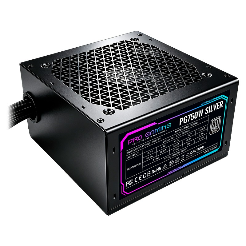 Alimentatore per PC nero Pro Gaming PG750W Silver con griglia e etichetta.