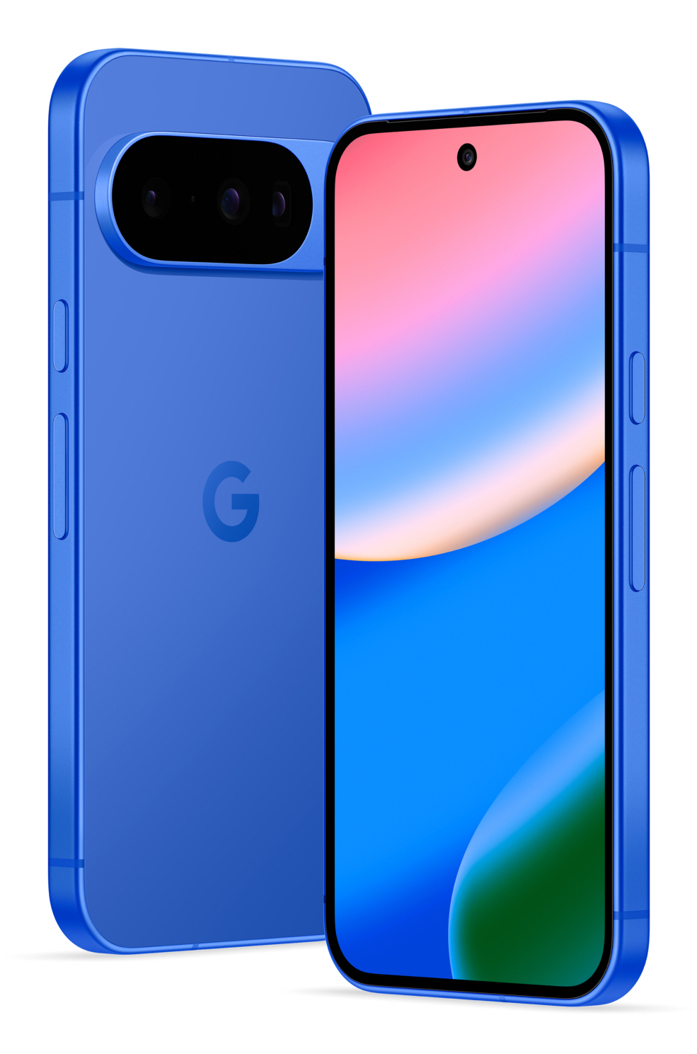 Ein blaues Smartphone mit Displayseite und Rückseite, auf der ein horizontales Kameramodul und ein G-Logo zu sehen sind.