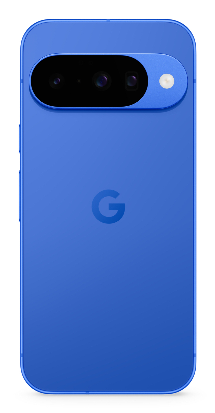 Rückseite eines blauen Smartphones mit einem horizontalen Kameramodul oben und dem Google-Logo in der Mitte.
