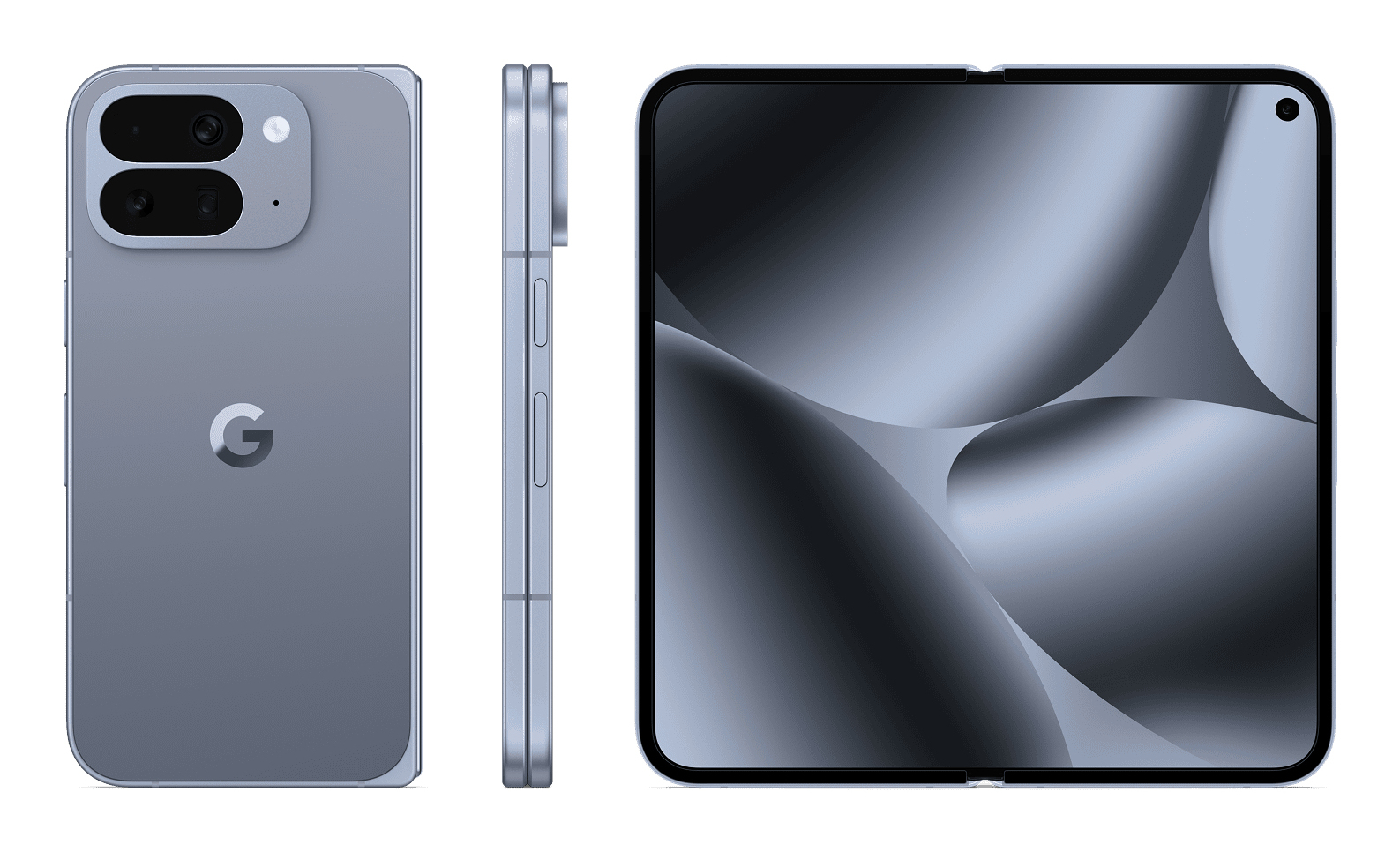 Ein blaues faltbares Smartphone in drei Ansichten: Rückseite, Seitenprofil und geöffnete Vorderseite.