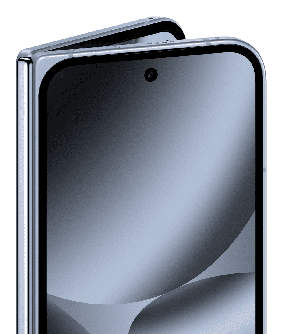 Ein silbernes faltbares Smartphone mit gebogenem Scharnier und Frontkamera.