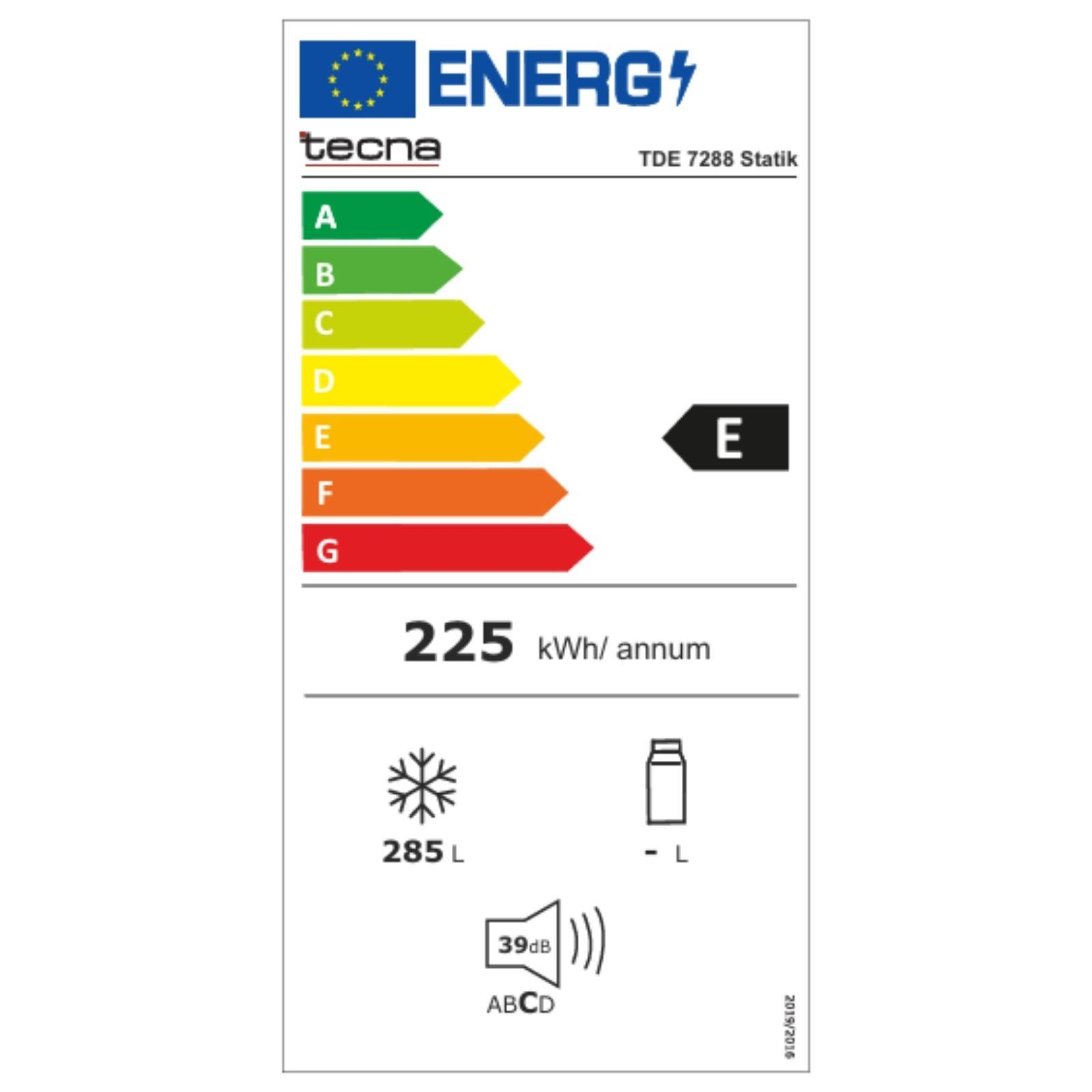 Tecna TDE 7288 Statik için AB enerji etiketi, E sınıfı, yıllık 225 kWh, 285L ve 39dB.