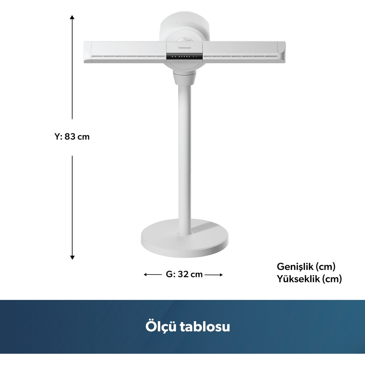 Ölçüleri gösterilen beyaz Homend ayaklı vantilatör: Yükseklik 83 cm, Genişlik 32 cm.