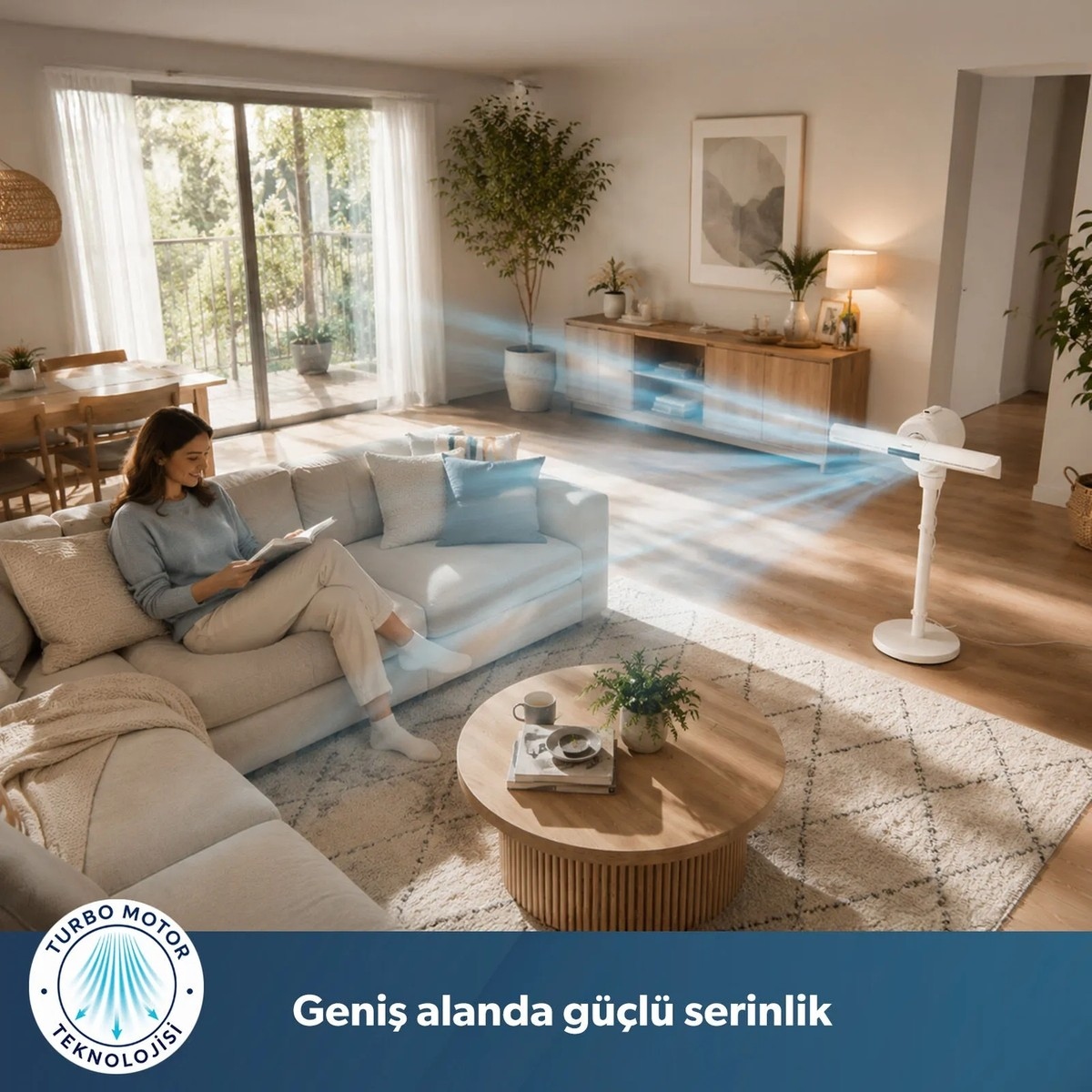 Bir kadın koltukta kitap okurken ayarlanabilir vantilatör odayı serinletiyor.