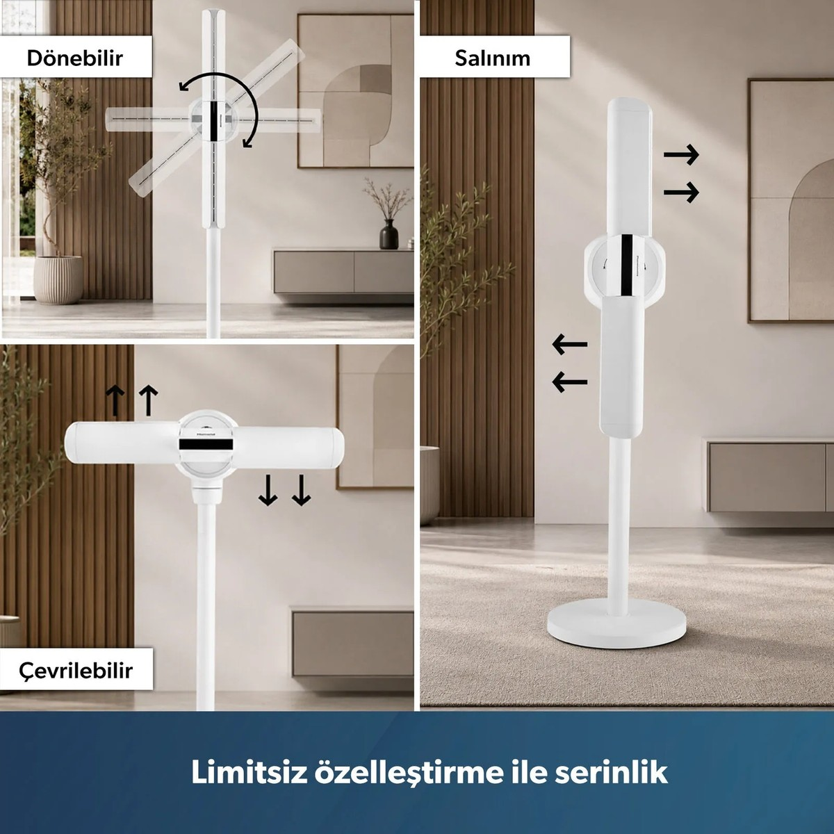 Modern bir odada ayarlanabilir konumlara ve salınım özelliğine sahip beyaz bir kule vantilatör.