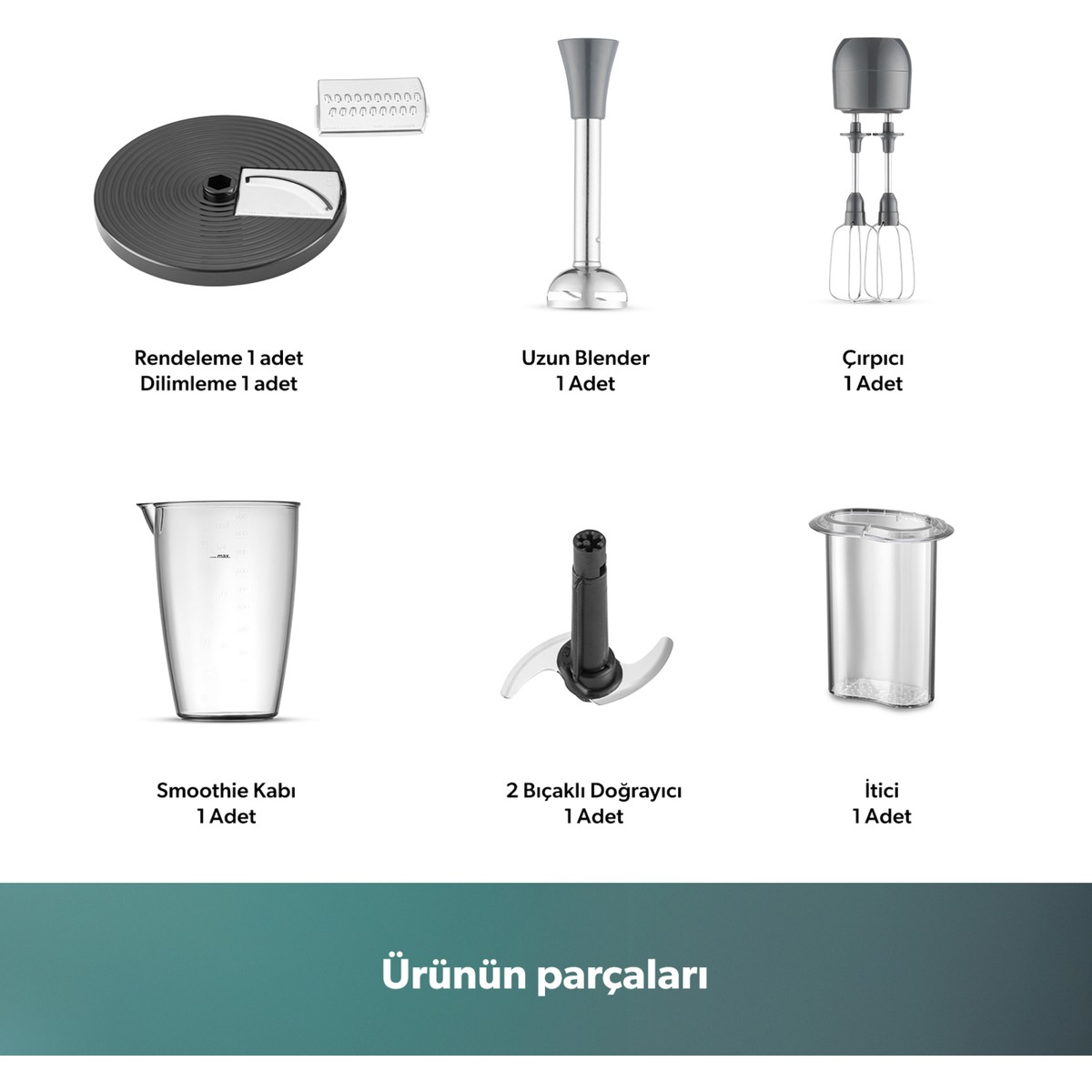 Beyaz arka planda çeşitli blender parçaları ve altta turkuaz şerit.