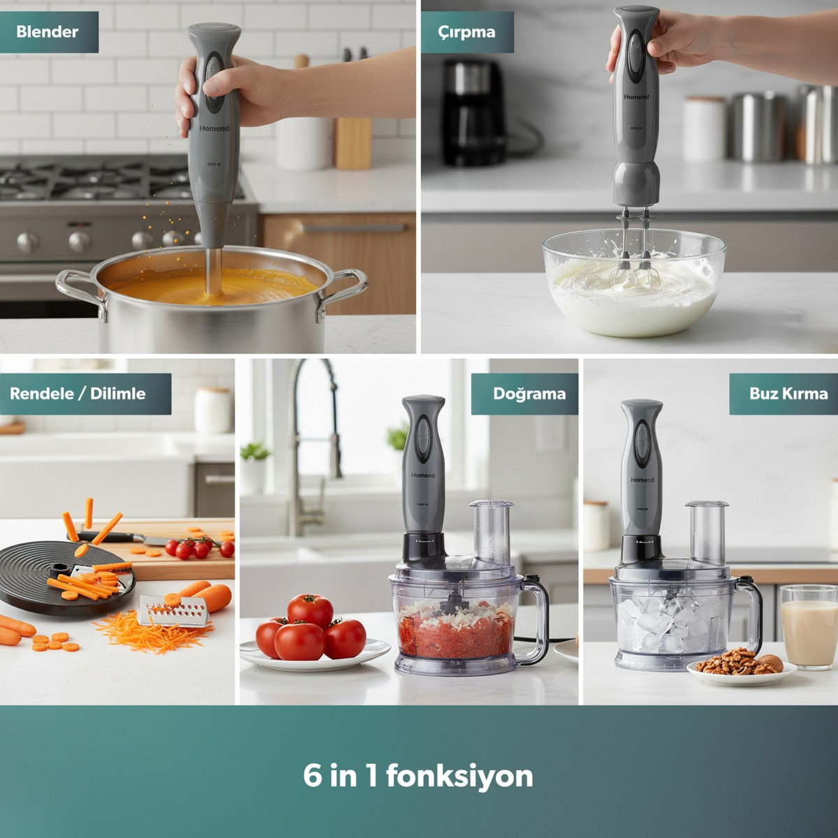 Çok yönlü mutfak işleri için altı farklı aparata sahip gri Homend el blenderı.