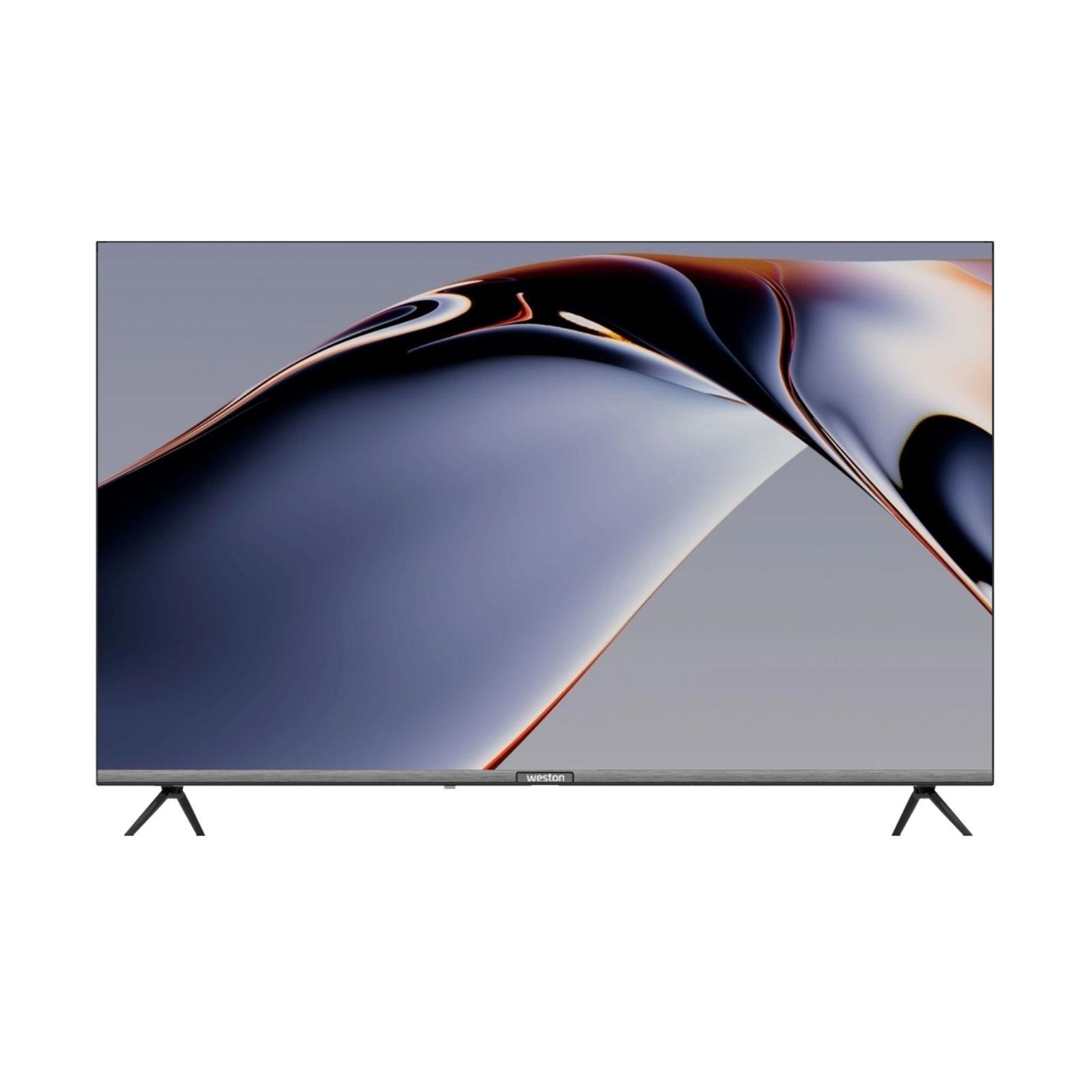 İnce çerçeveli ve ayaklı modern bir TV, soyut ve parlak bir dalga grafiği gösteriyor.