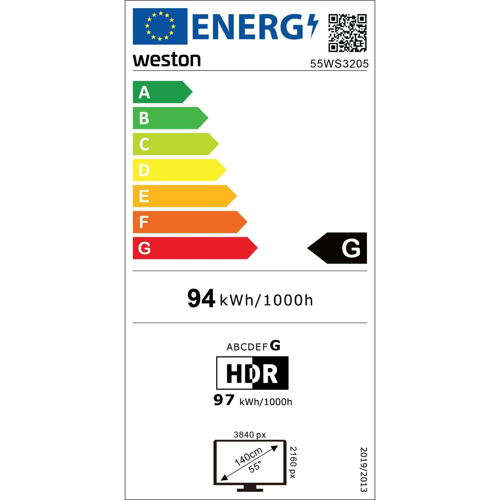 94 kWh enerji tüketimli Weston 55 inç televizyon için G sınıfı enerji etiketi.