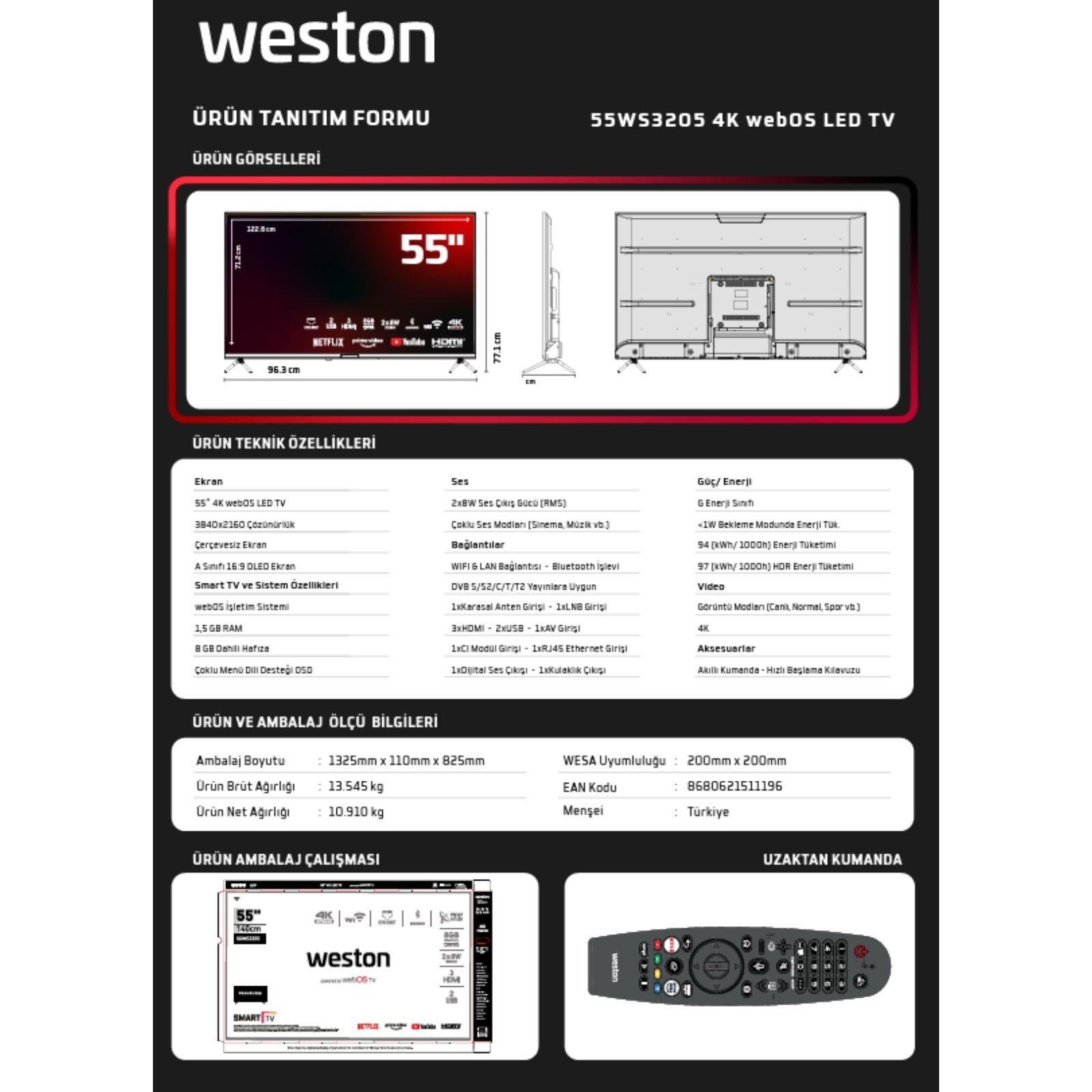 Boyutlar, özellikler ve uzaktan kumanda ile Weston 55WS3205 4K LED TV için ürün tanıtım formu.