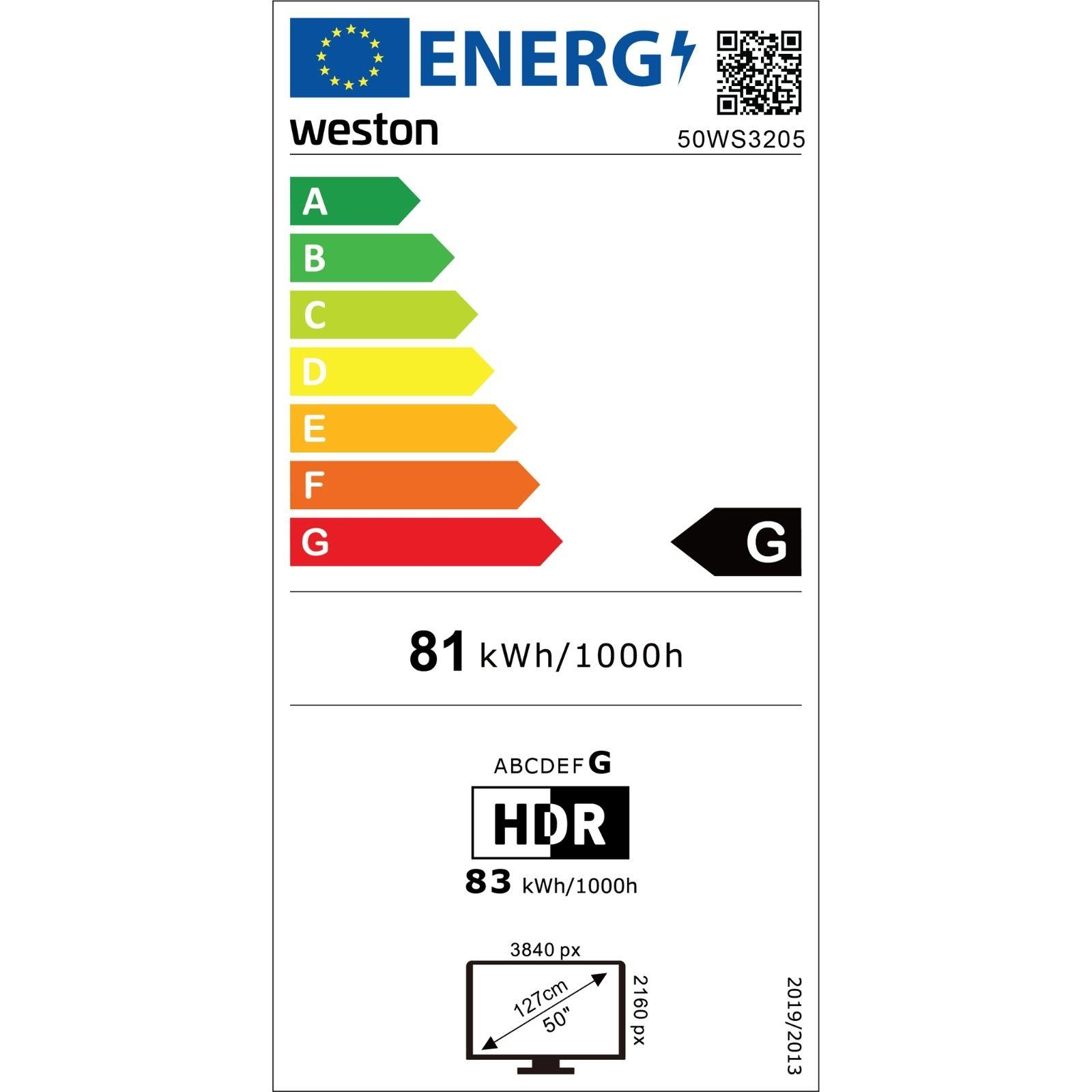 Weston 50WS3205 enerji etiketi, G sınıfı, 81 kWh/1000h, HDR ve 50 inç ekran boyutu.