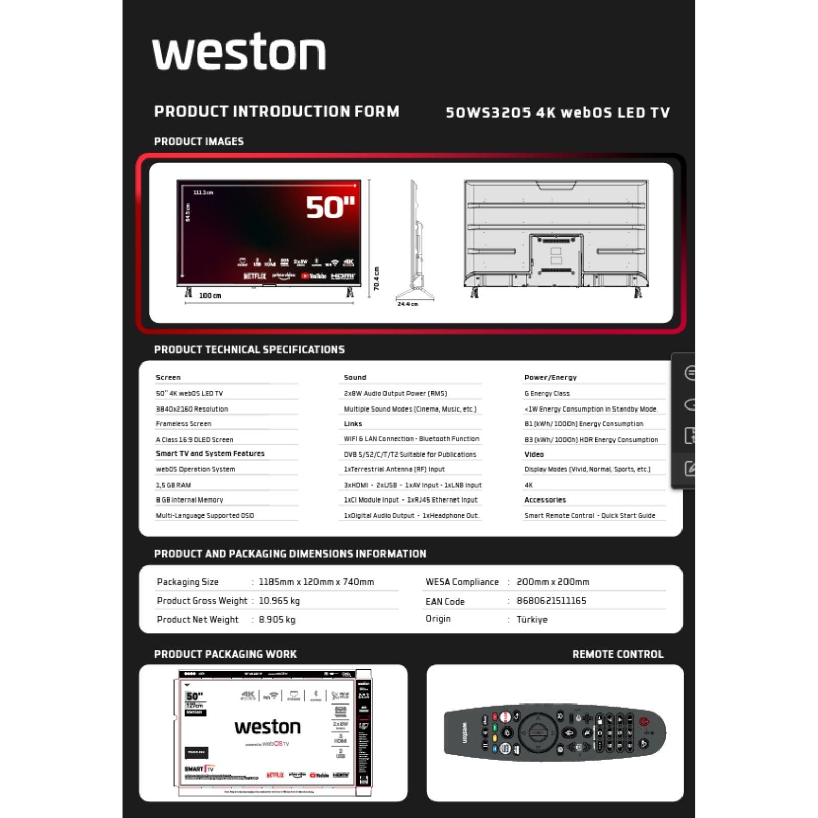 Weston 50WS3205 4K webOS LED TV için teknik özellikler ve boyutları içeren ürün tanıtım formu.