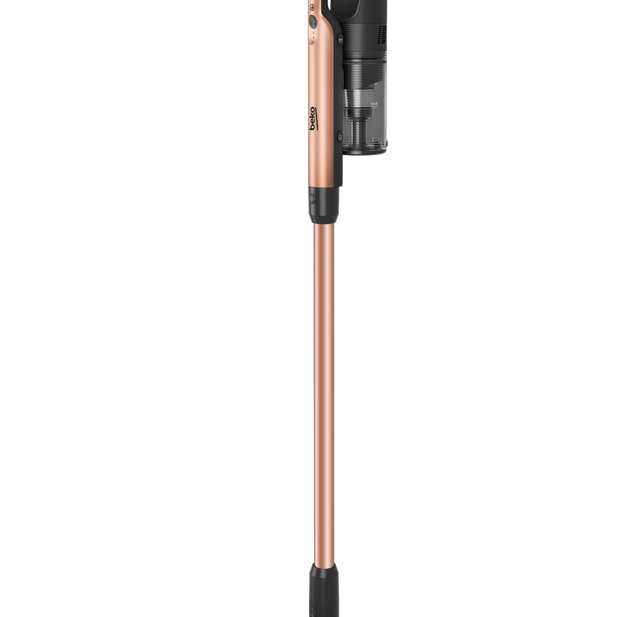 Un moderno aspirapolvere senza filo Beko in oro rosa e nero su sfondo bianco.