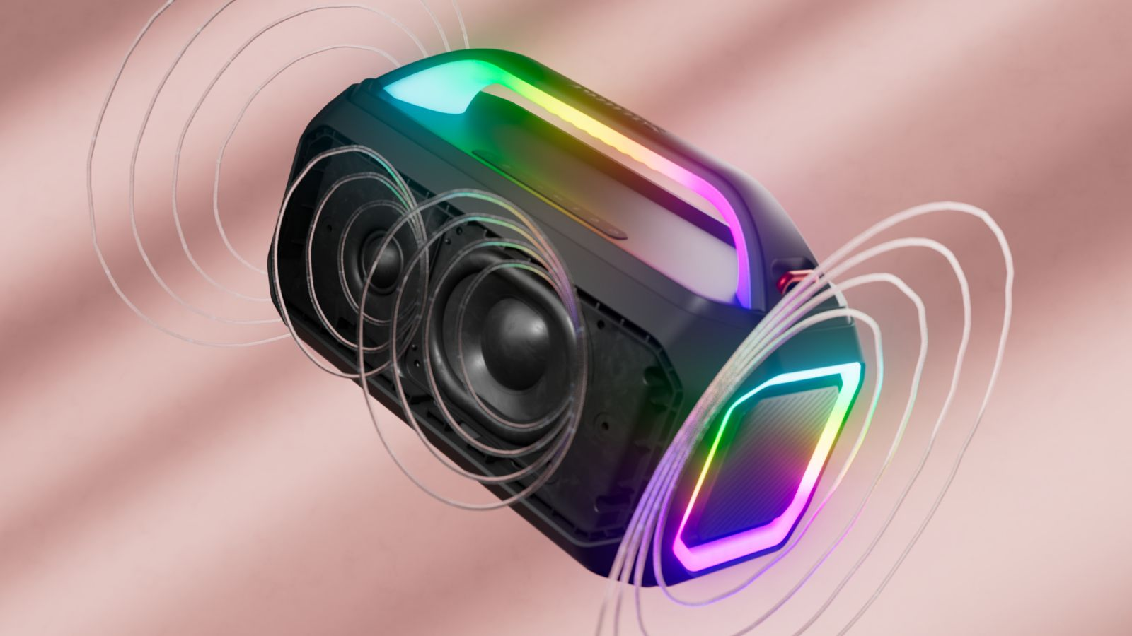 A black portable speaker with glowing RGB lights and sound waves emanating from it, set against a pink background.