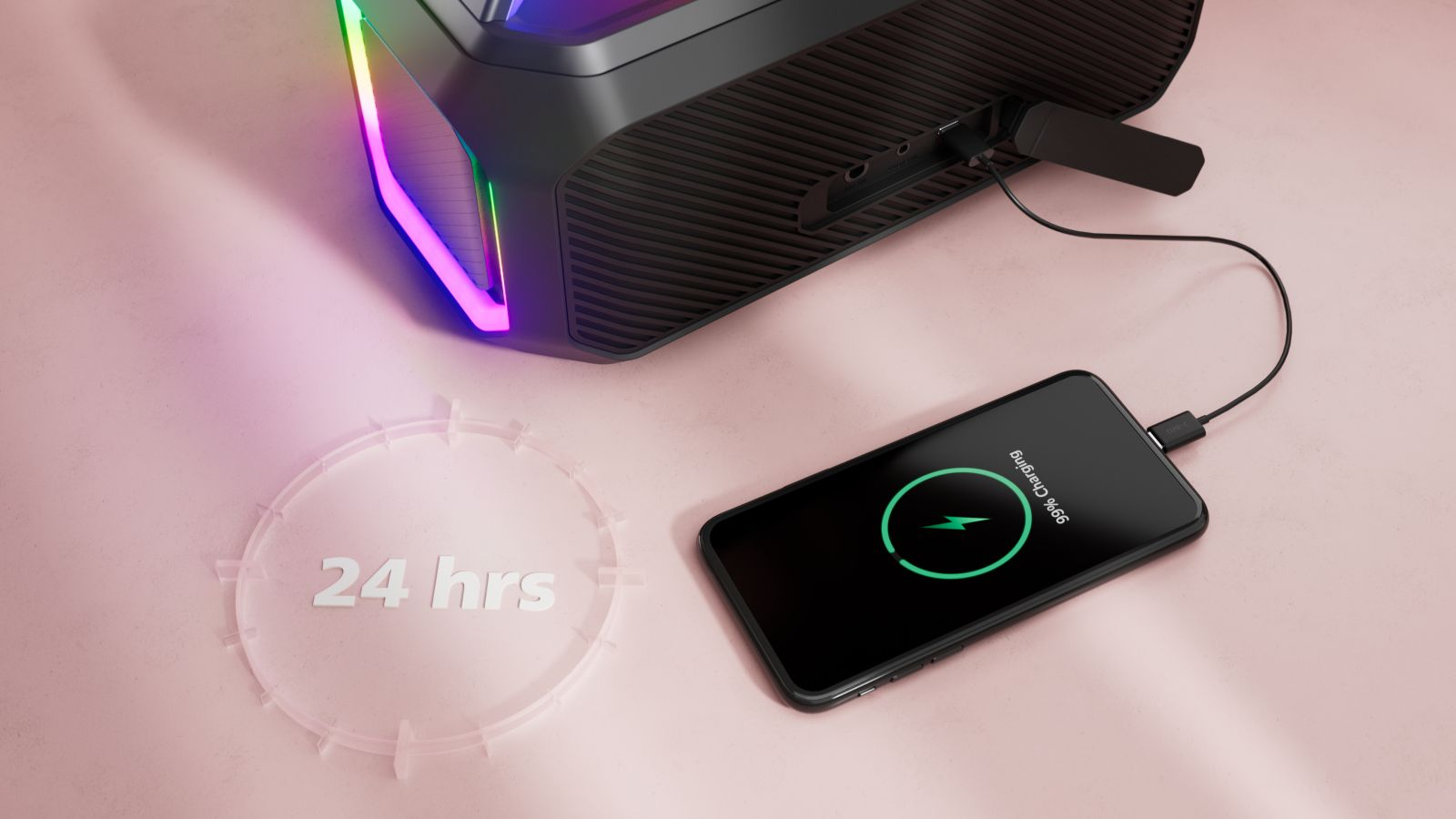 A smartphone charges from a power station, with a 24-hour symbol nearby on a pink background.