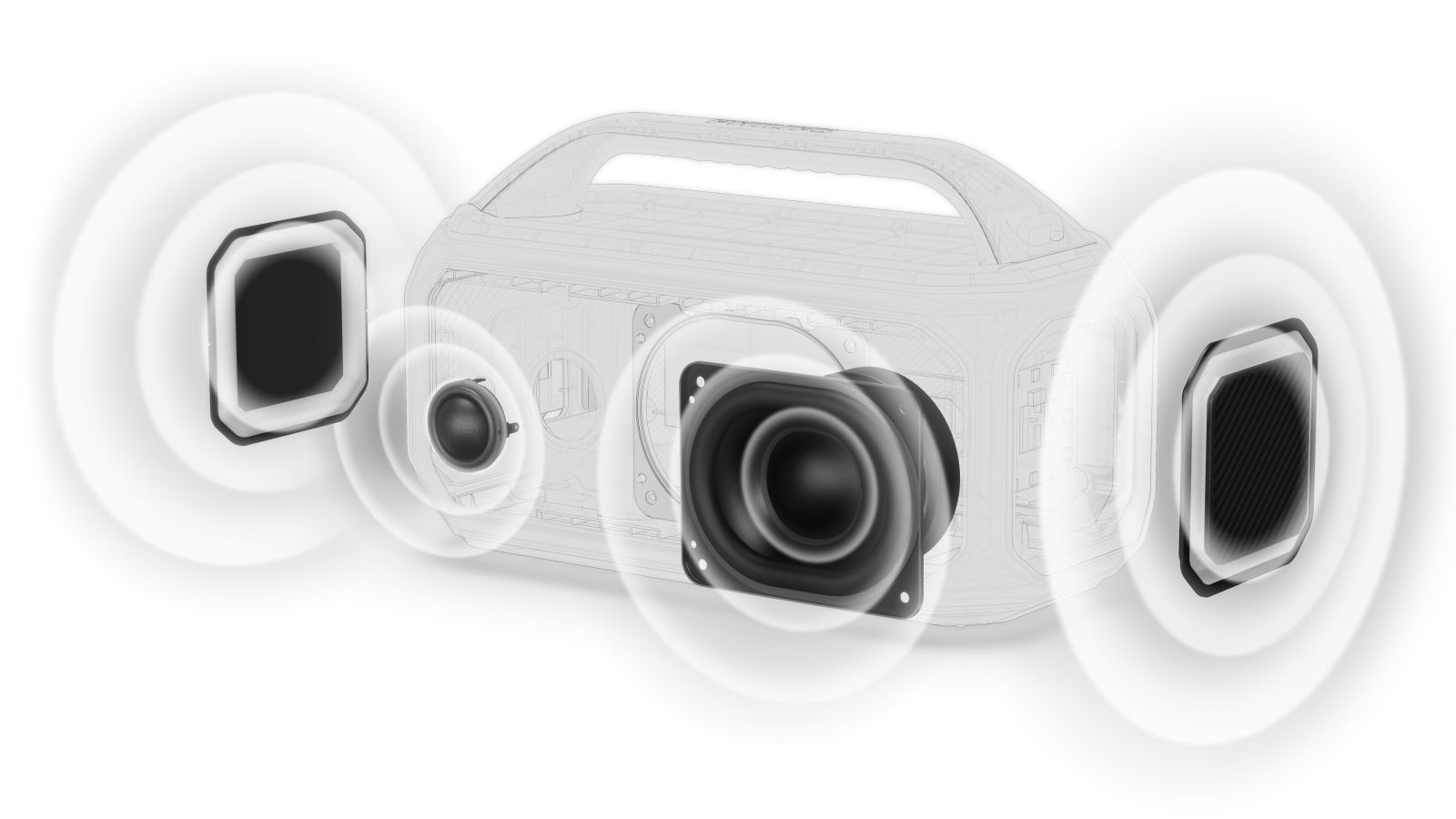 Exploded view of a portable speaker with highlighted sound waves and drivers against a white background.